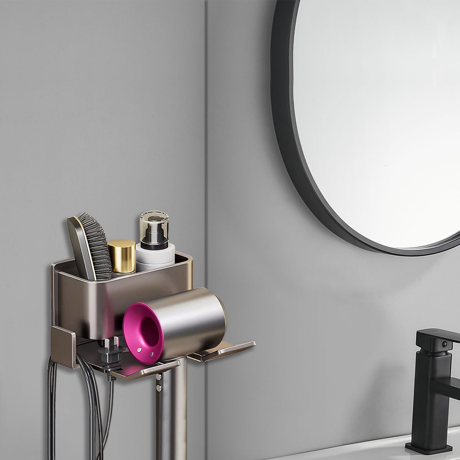 Hair Dryer Holder Wall Mounted, Blow Dryer Holder for Bathroom, Self Adhesive Hair Tool Organizer Compatible, Stainless Steel Blow Dryer Holder with Most Types of Hair dryers(Gray) - Image 3