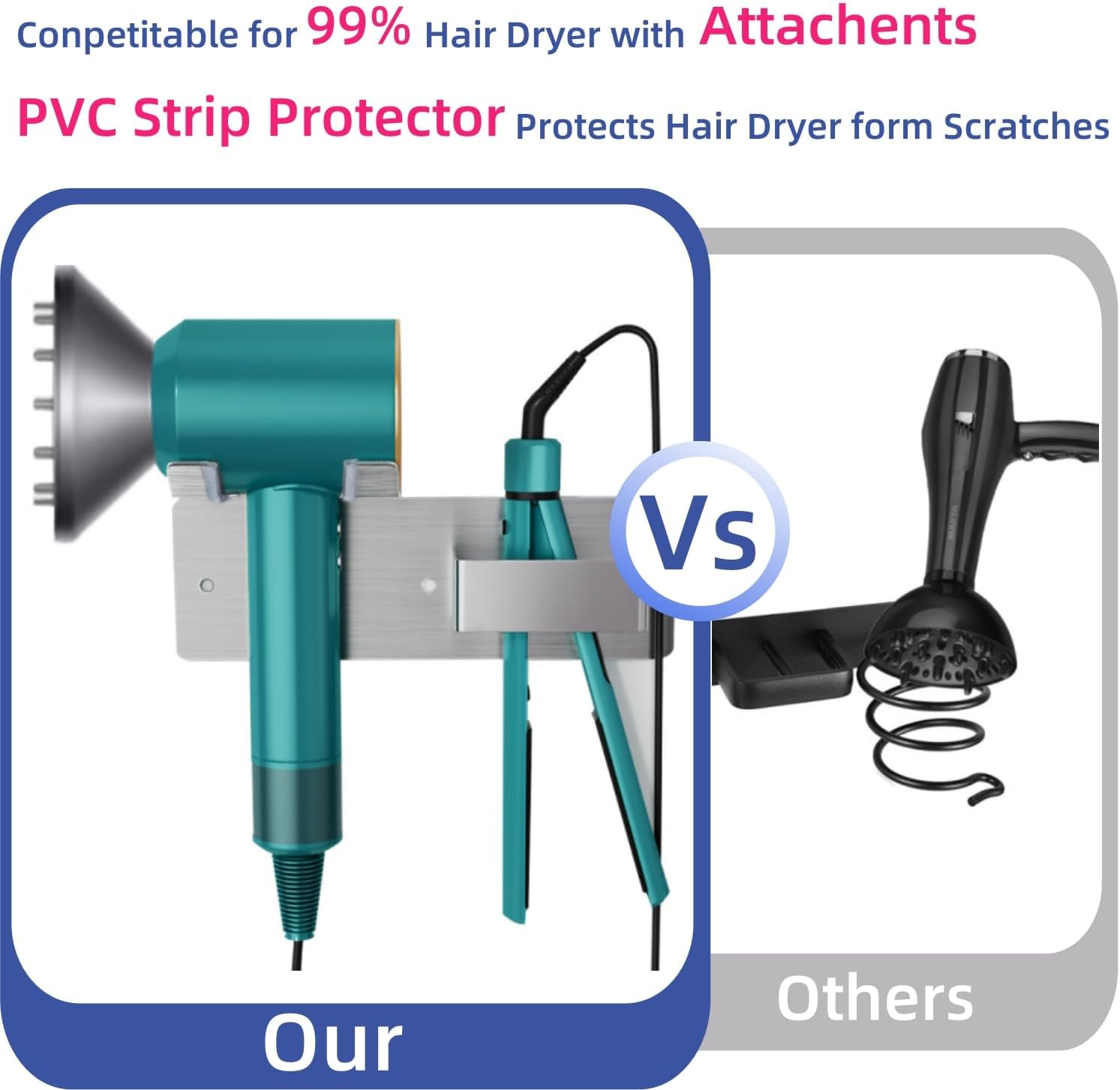 Hair Dryer Holder Wall Mounted, Hair Tool Organizer Wall Mount for Bathroom, Stainless Steel Hair Dryer Holder, Blow Dryer Holder Adhesive/Drilling Hair Dryer and Straightener Holder - Image 6