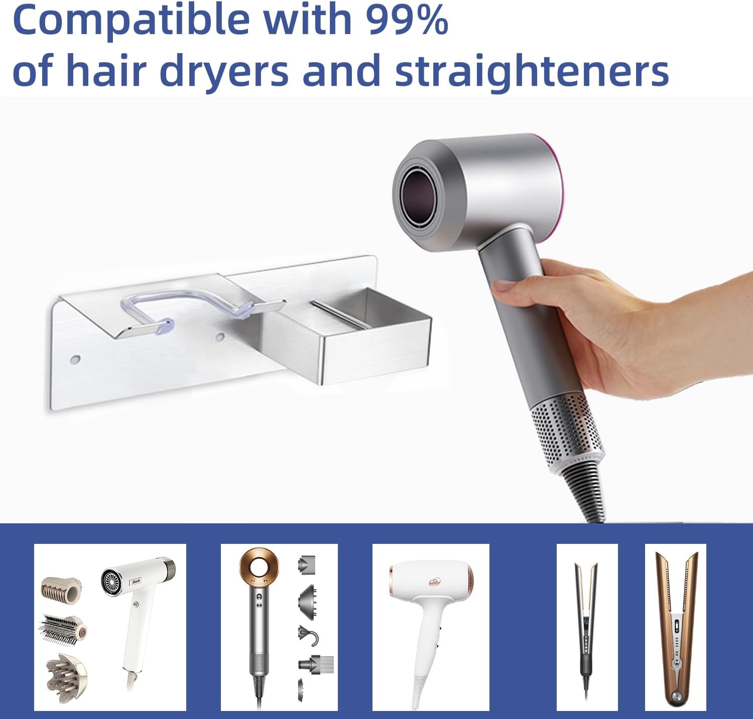 Hair Dryer Holder Wall Mounted, Hair Tool Organizer Wall Mount for Bathroom, Stainless Steel Hair Dryer Holder, Blow Dryer Holder Adhesive/Drilling Hair Dryer and Straightener Holder - Image 2
