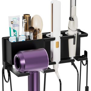 Hair Dryer Holder Wall Mounted, Metal Hair Tools Organizer, Hair Dryer Holder for Blow Dryer, Curling Iron, Straightener, Bathroom Hair Accessories Tools Organizer, Black