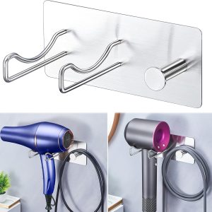 Hair Dryer Holder Wall Mounted, Stainless Steel Blow Dryer Hairdryer Holder for Bathroom, Adhesive Hair Tool Organizer for Blow Dryer Storage, Silver