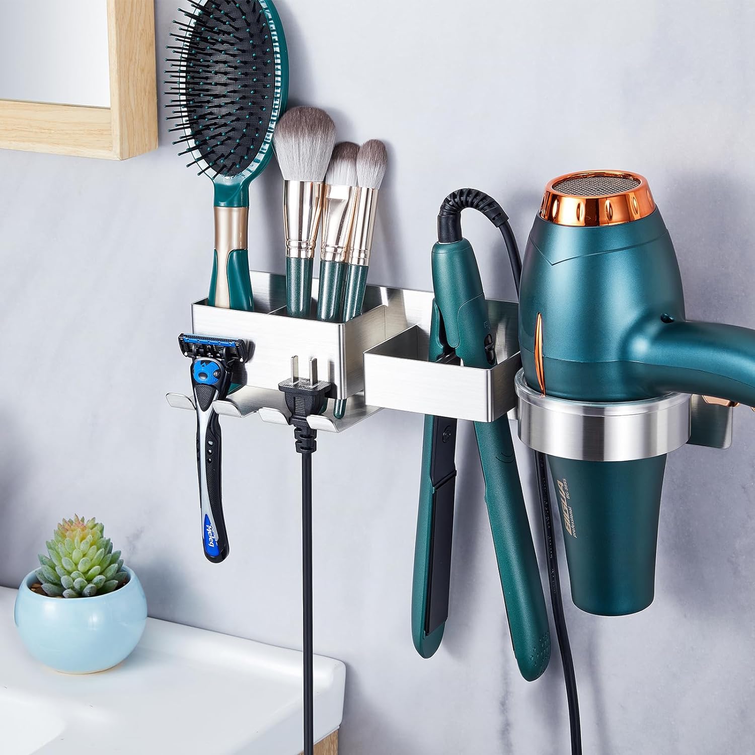 Hair Dryer Holder Wall Mounted, Stainless Steel Hair Tool Organizer for Straighteners, Blow Dryer, Brush with Plug Hook, Adhesive Straightener Holder for Bathroom