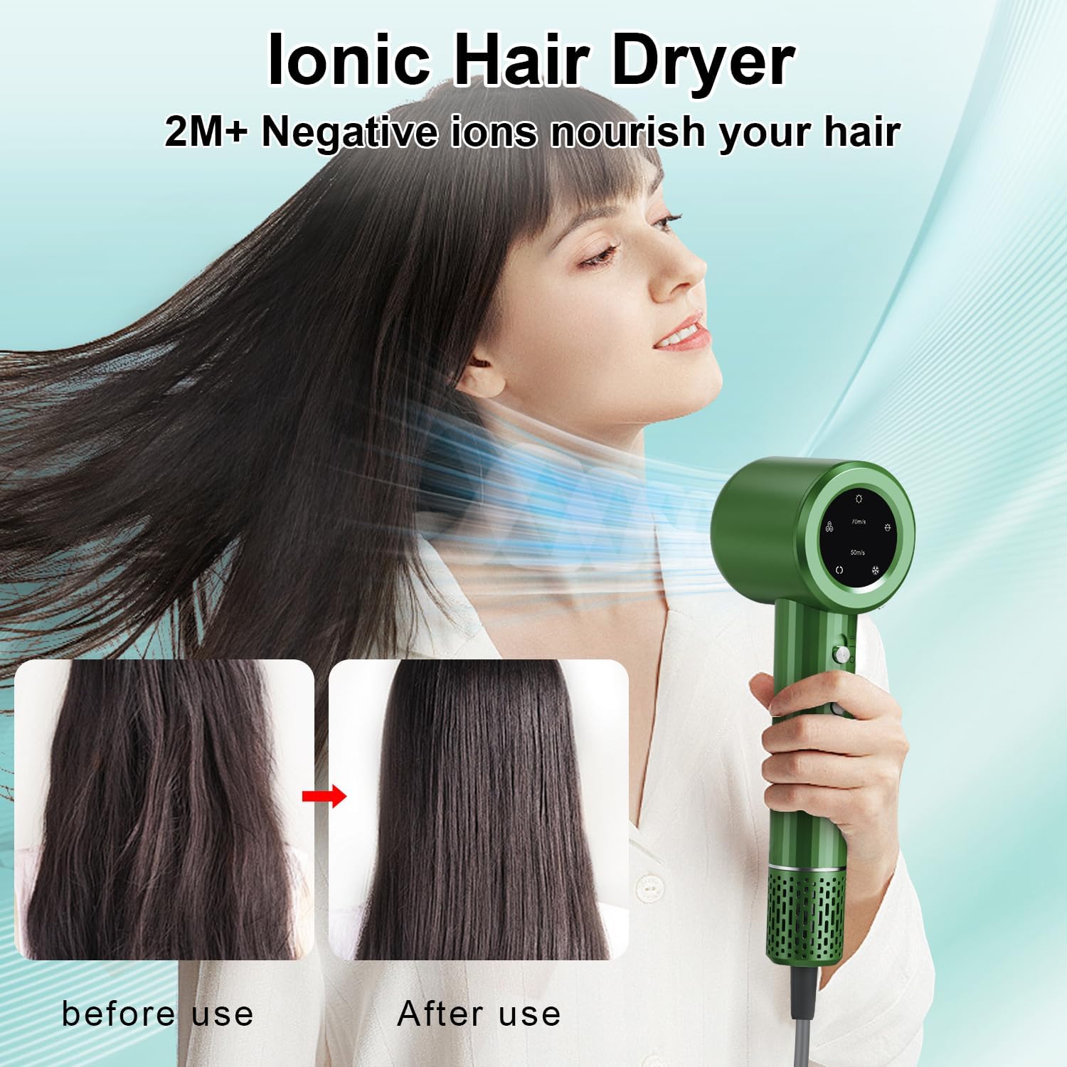 Hair Dryer, Professional High Speed Ionic Blow Dryer for Fast Drying, Powerful 1400W Hairdryer 3Temps /2Speeds, Low Noise Thermo-Control Hairdryer with Nozzle, No Heat Damage, Green - Image 6
