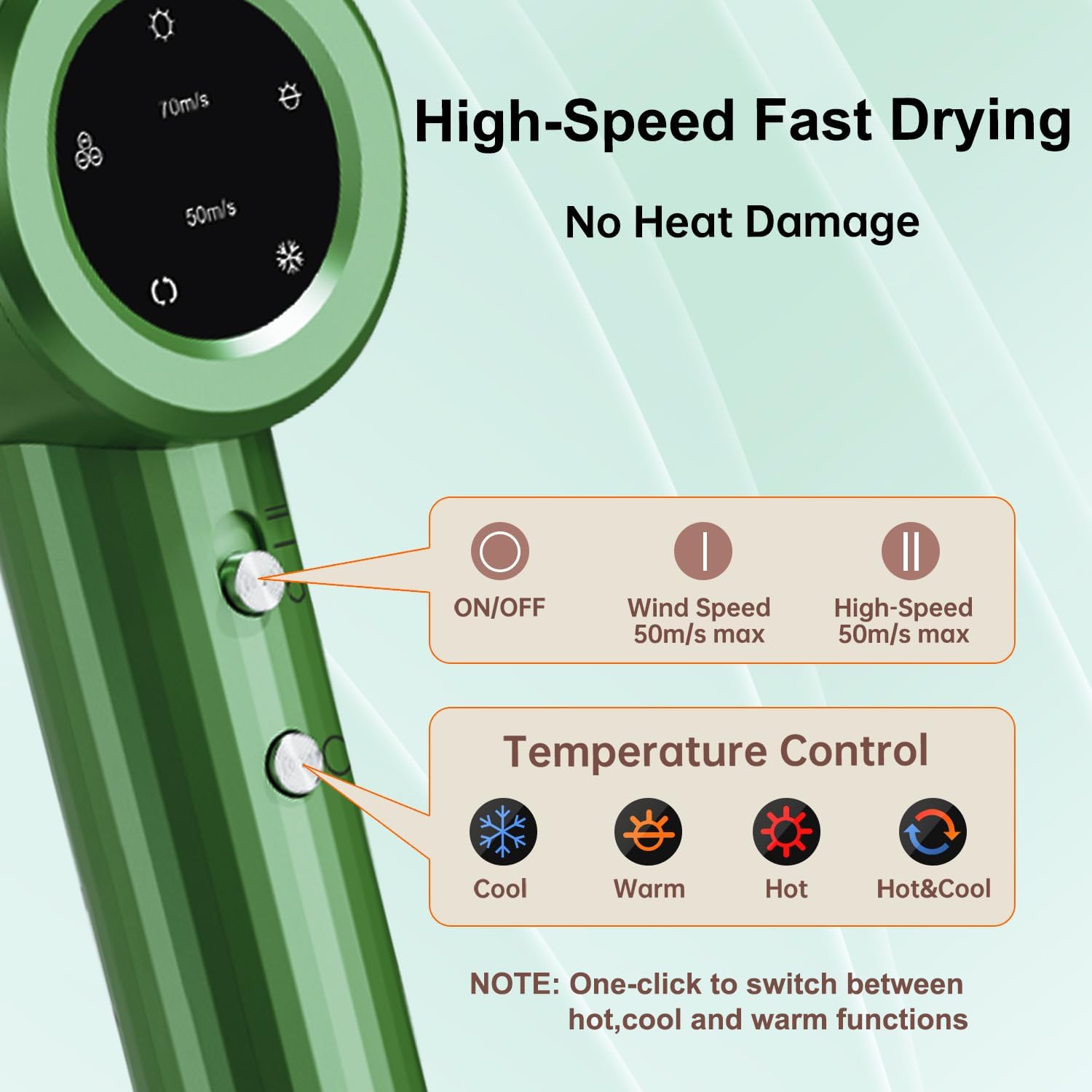 Hair Dryer, Professional High Speed Ionic Blow Dryer for Fast Drying, Powerful 1400W Hairdryer 3Temps /2Speeds, Low Noise Thermo-Control Hairdryer with Nozzle, No Heat Damage, Green - Image 2