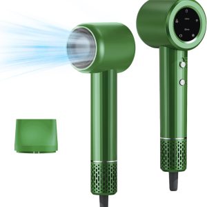 Hair Dryer, Professional High Speed Ionic Blow Dryer for Fast Drying, Powerful 1400W Hairdryer 3Temps /2Speeds, Low Noise Thermo-Control Hairdryer with Nozzle, No Heat Damage, Green