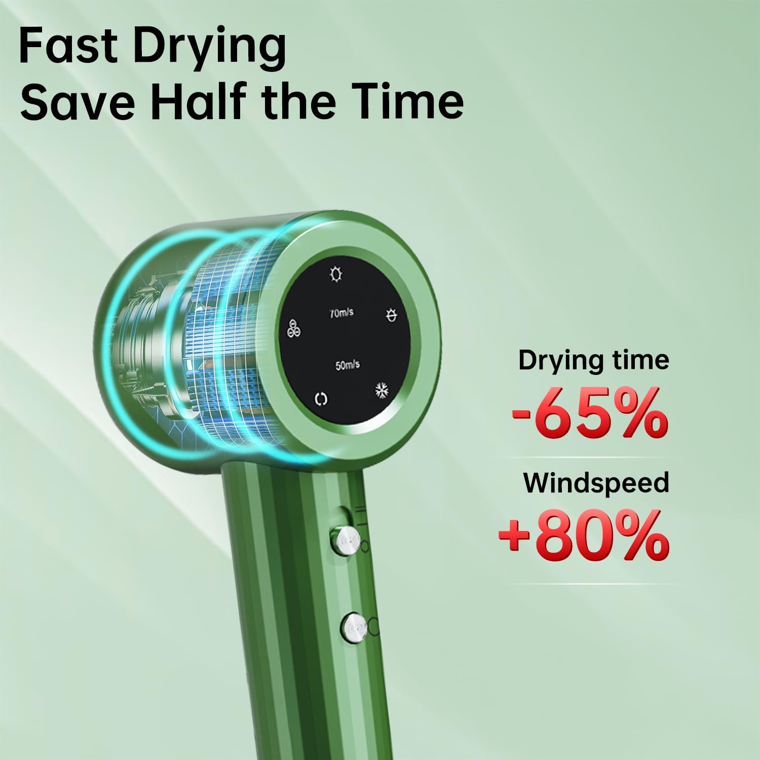 Hair Dryer, Professional High Speed Ionic Blow Dryer for Fast Drying, Powerful 1400W Hairdryer 3Temps /2Speeds, Low Noise Thermo-Control Hairdryer with Nozzle, No Heat Damage, Green - Image 3