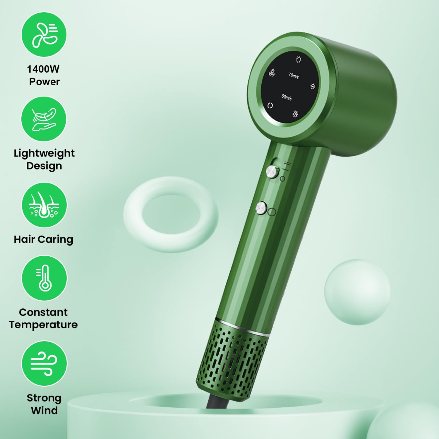 Hair Dryer, Professional High Speed Ionic Blow Dryer for Fast Drying, Powerful 1400W Hairdryer 3Temps /2Speeds, Low Noise Thermo-Control Hairdryer with Nozzle, No Heat Damage, Green - Image 4