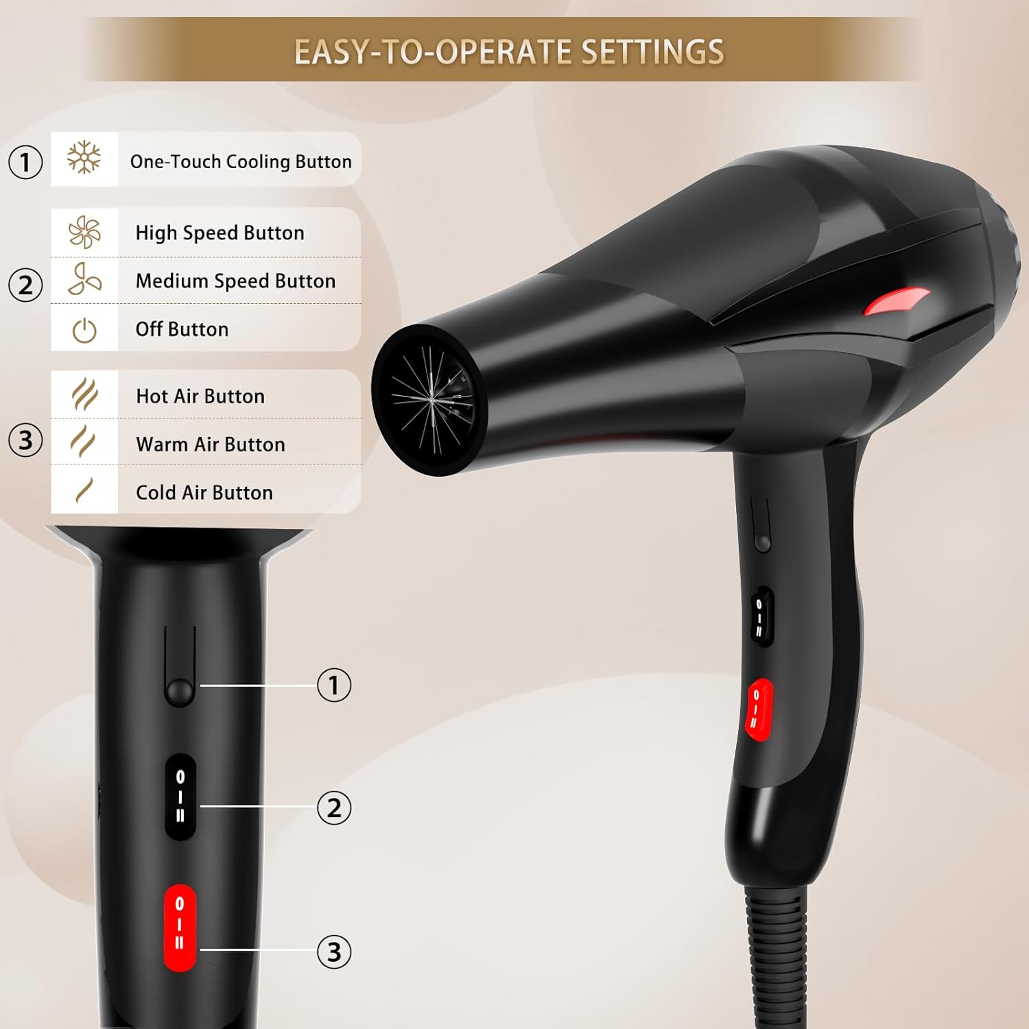 Hair Dryer Professional Ionic Salon Hair Dryer 2400W Powerful Fast-Drying Blue Light Ionic Hair Dryers with Diffuser, AC Motor Constant Temperature Quiet Ion Dryers for Women Men - Image 3