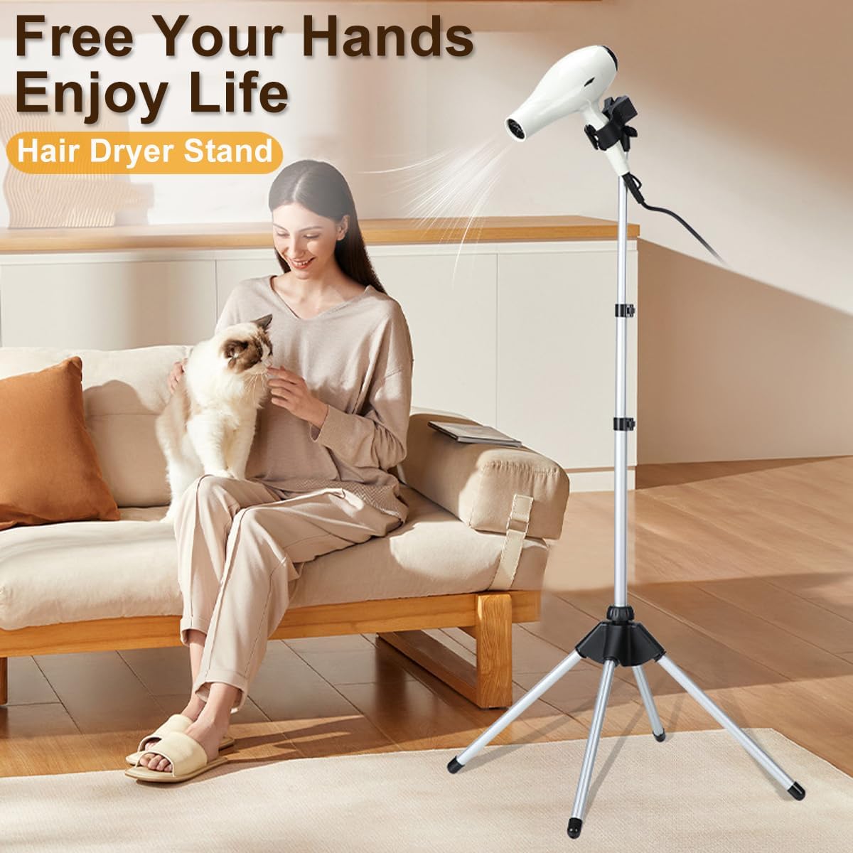 Hair Dryer Stand Hands Free, Portable Hair Dryer Holder Stand with Clamp & Non-Slip Quadpod, 63in/160CM Adjustable Floor Blower Stand Holder, Heavy Duty 360° Rotatable Foldable Lazy Hairdryer Standup - Image 2