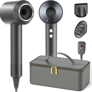 Hair Dryer with Carry Case, 160000 RPM Professional High-Speed Blow Dryer 200 Millions Negative Ionic Care Hair Dryer for Fast Drying, Low Noise Hairdryer, Travel with Magnetic Diffuser & Nozzle, Gray