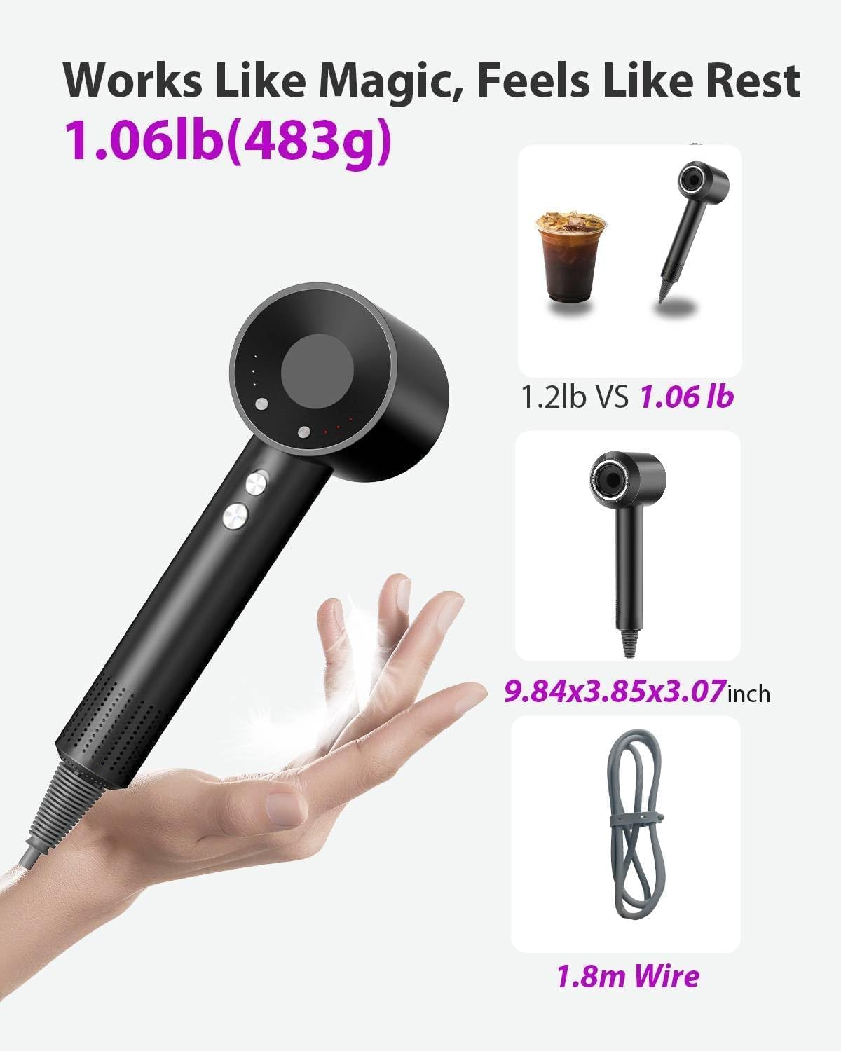 Hair Dryer with Carry Case, 160000 RPM Professional High-Speed Blow Dryer 200 Millions Negative Ionic Care Hair Dryer for Fast Drying, Low Noise Hairdryer, Travel with Magnetic Diffuser&Nozzle, Black - Image 7