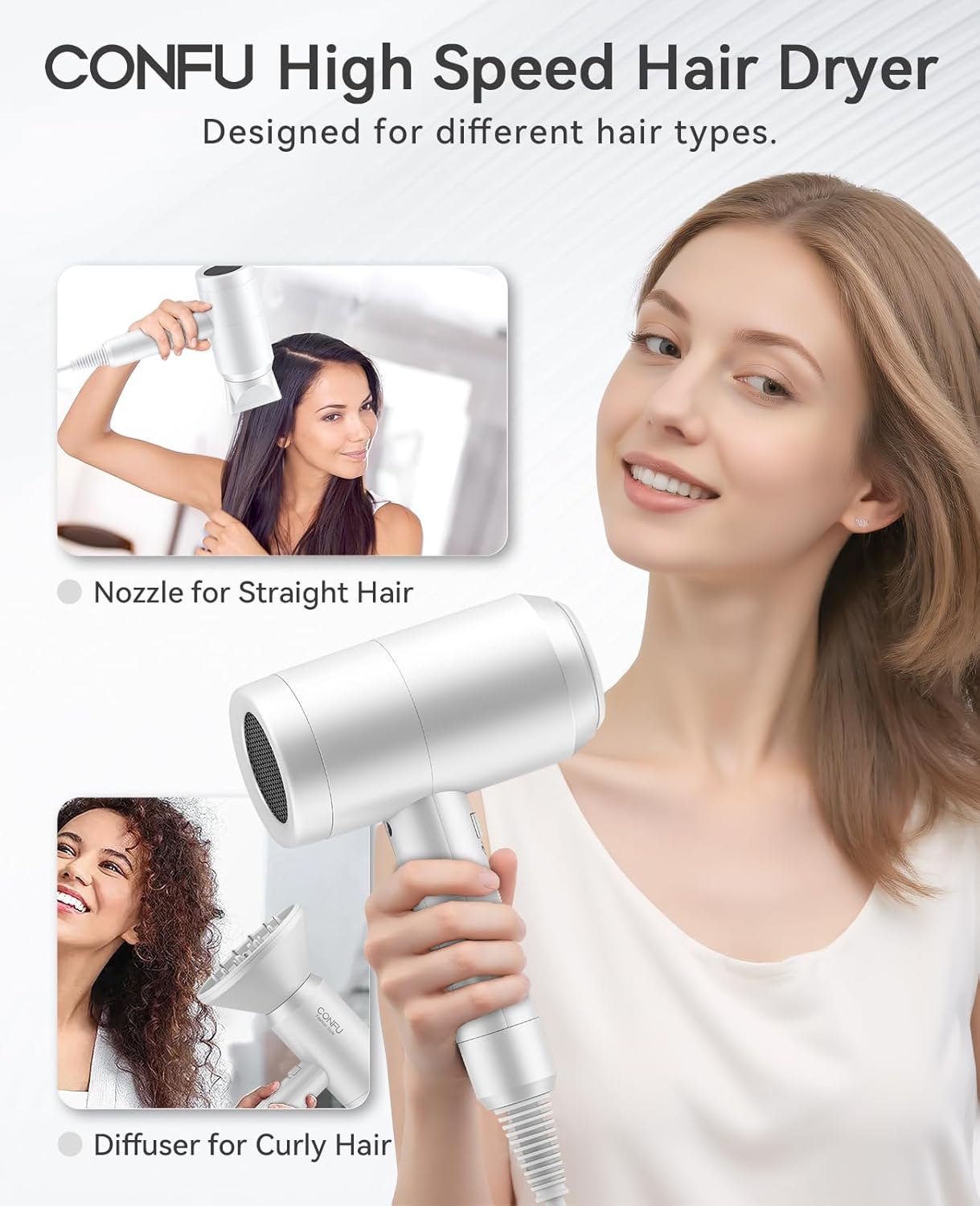 Hair Dryer with Diffuser, CONFU Blow Dryer for Curly Hair for Women Men, 21000PRM Travel Hair Dryer, Portable Lightweight Fast Drying Negative Ion Hairdryer for Home & Travel - Image 4