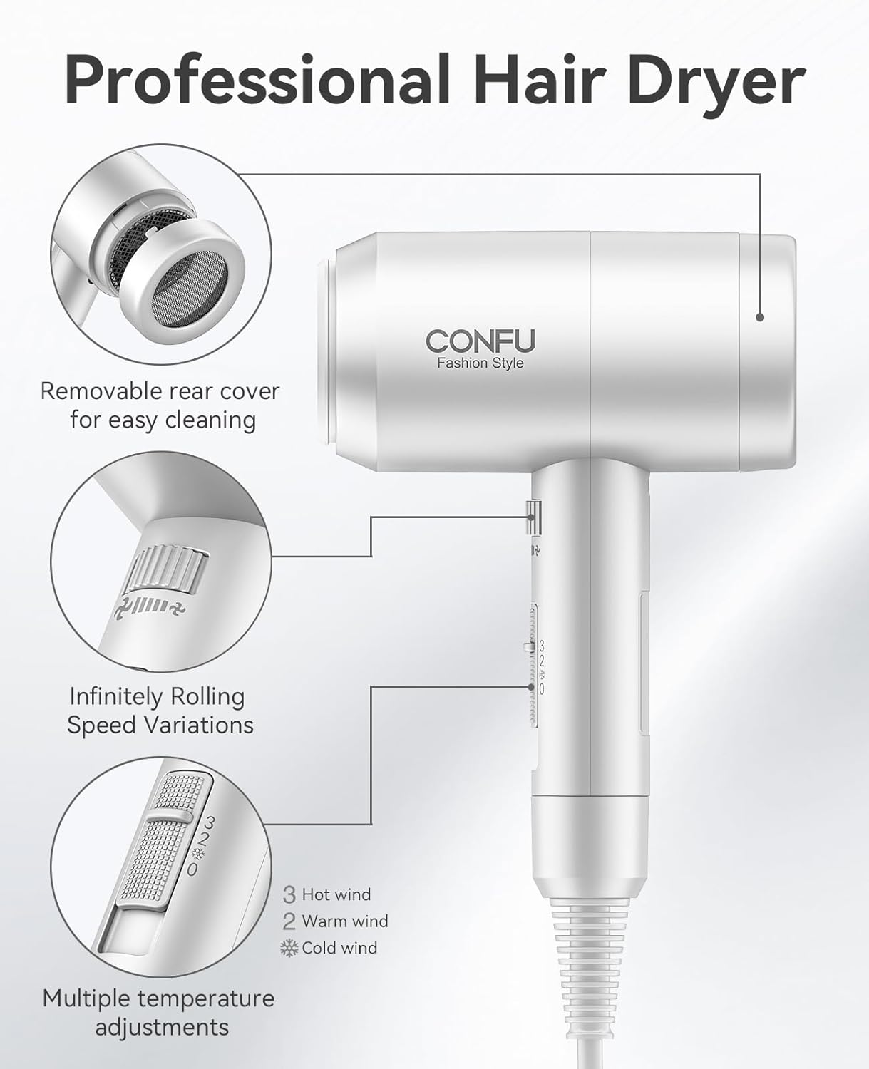 Hair Dryer with Diffuser, CONFU Blow Dryer for Curly Hair for Women Men, 21000PRM Travel Hair Dryer, Portable Lightweight Fast Drying Negative Ion Hairdryer for Home & Travel - Image 6