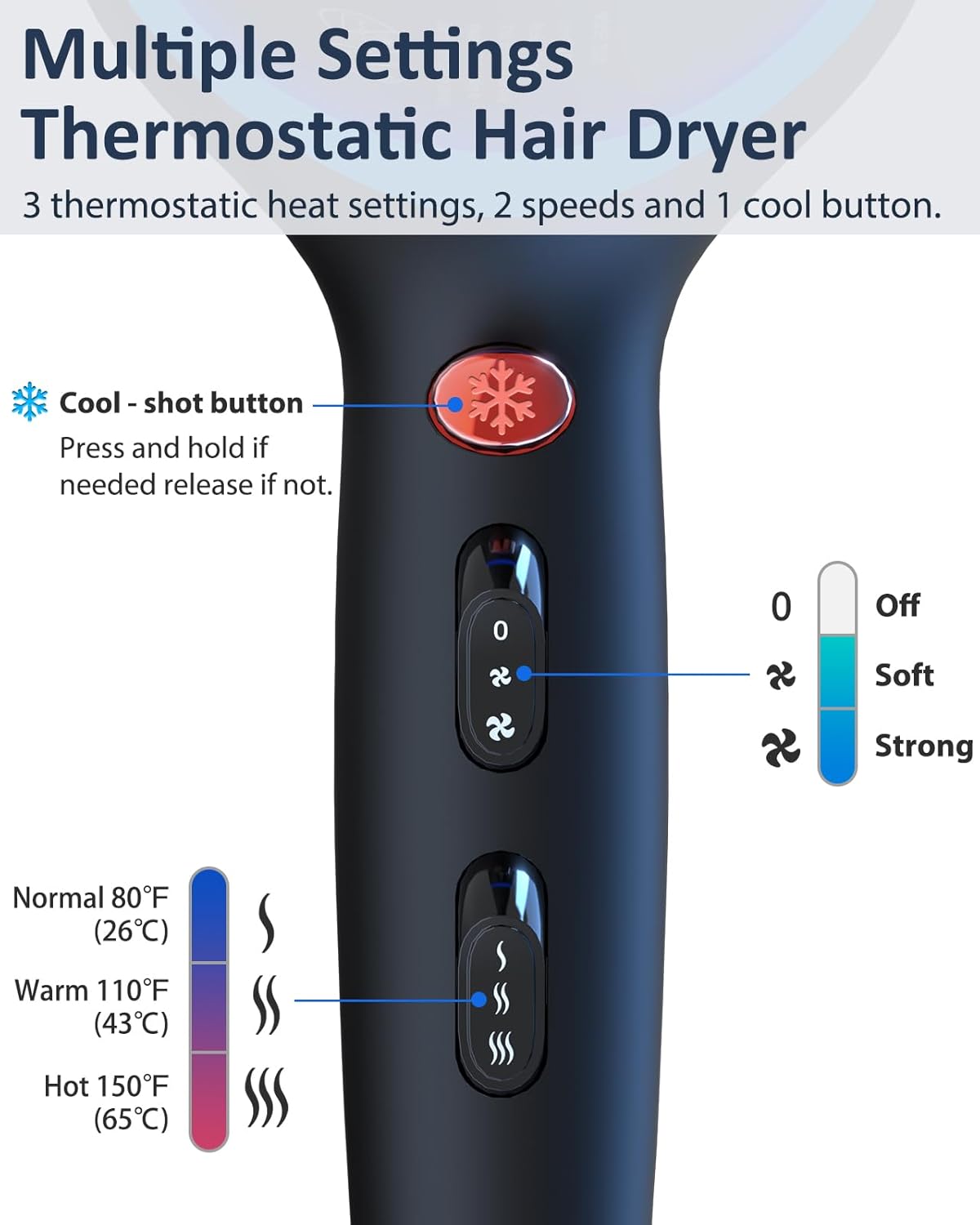 Hair Dryer with Diffuser, Professional Ionic Hair Dryer with Blue Light AC Motor, 2000W Fast Drying Hair Blow Dryer Low Noise Care Hairdryer for Women (Black with 2*Nozzle+Diffuser) - Image 3