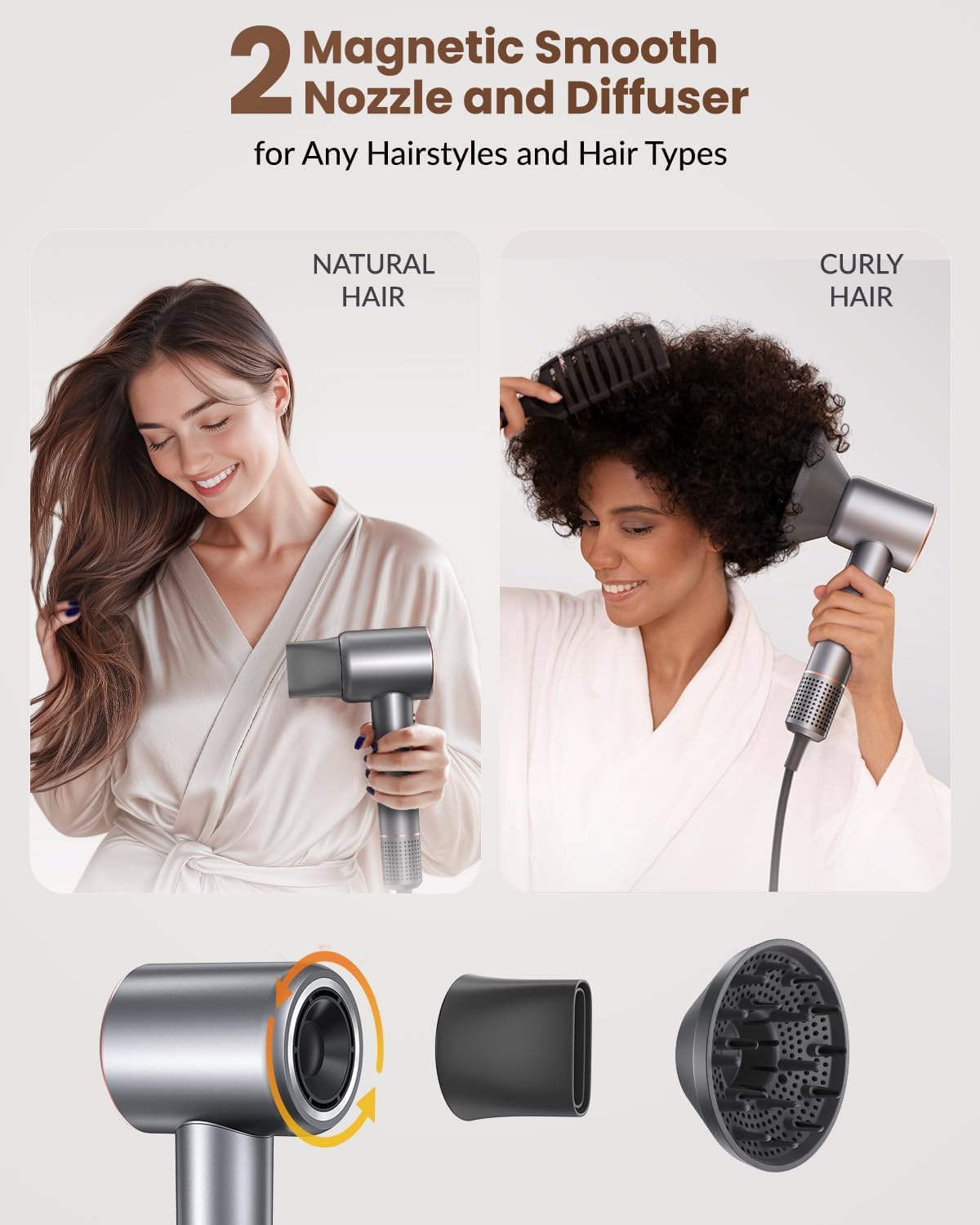 Hair Dryer,110000 RPM High-Speed Brushless Motor Negative Ionic Blow Dryer for Fast Drying,Low Noise Thermo-Control Hair Dryer with Diffuser and Nozzle Grey Gold,Lightweight for Home and Travel - Image 7