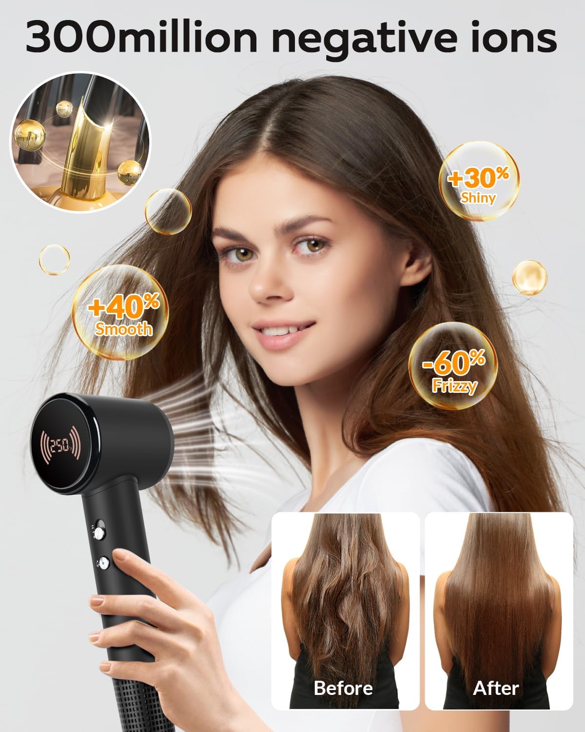Hair Dryer,Travel Hair Dryer with Diffuser,110000 RPM High Speed Ionic Blow Dryer,Temperature Display,Low Noise&Lightweight Blow Dryer,Fast-Drying,No Heat Damage,Suitable for All Hairstyles(Black) - Image 4