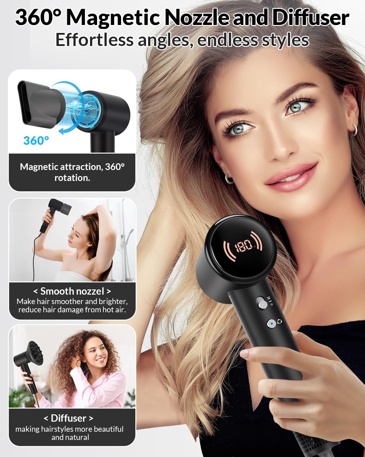 Hair Dryer,Travel Hair Dryer with Diffuser,110000 RPM High Speed Ionic Blow Dryer,Temperature Display,Low Noise&Lightweight Blow Dryer,Fast-Drying,No Heat Damage,Suitable for All Hairstyles(Black) - Image 3