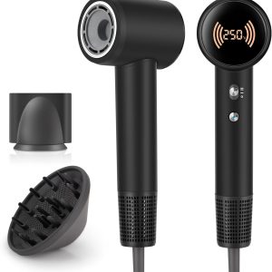Hair Dryer,Travel Hair Dryer with Diffuser,110000 RPM High Speed Ionic Blow Dryer,Temperature Display,Low Noise&Lightweight Blow Dryer,Fast-Drying,No Heat Damage,Suitable for All Hairstyles(Black)