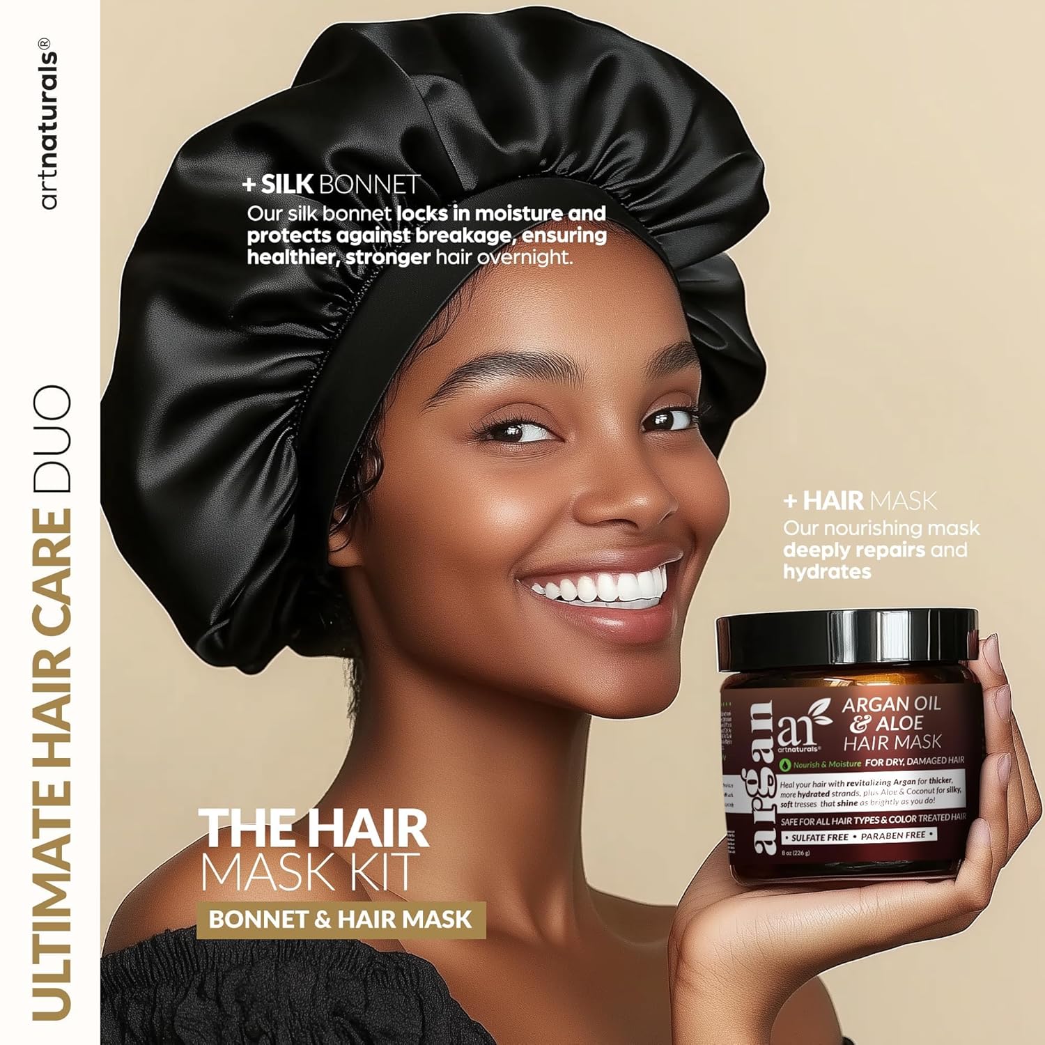 Hair Mask + Silk Bonnet for Sleeping Women Set - Deep Conditioner & Leave-In Conditioner for Dry, Damaged Hair - Argan Oil, Jojoba, Aloe & Keratin - Satin Bonnet for Sleeping, Repair & Hydrate (8 oz) - Image 2