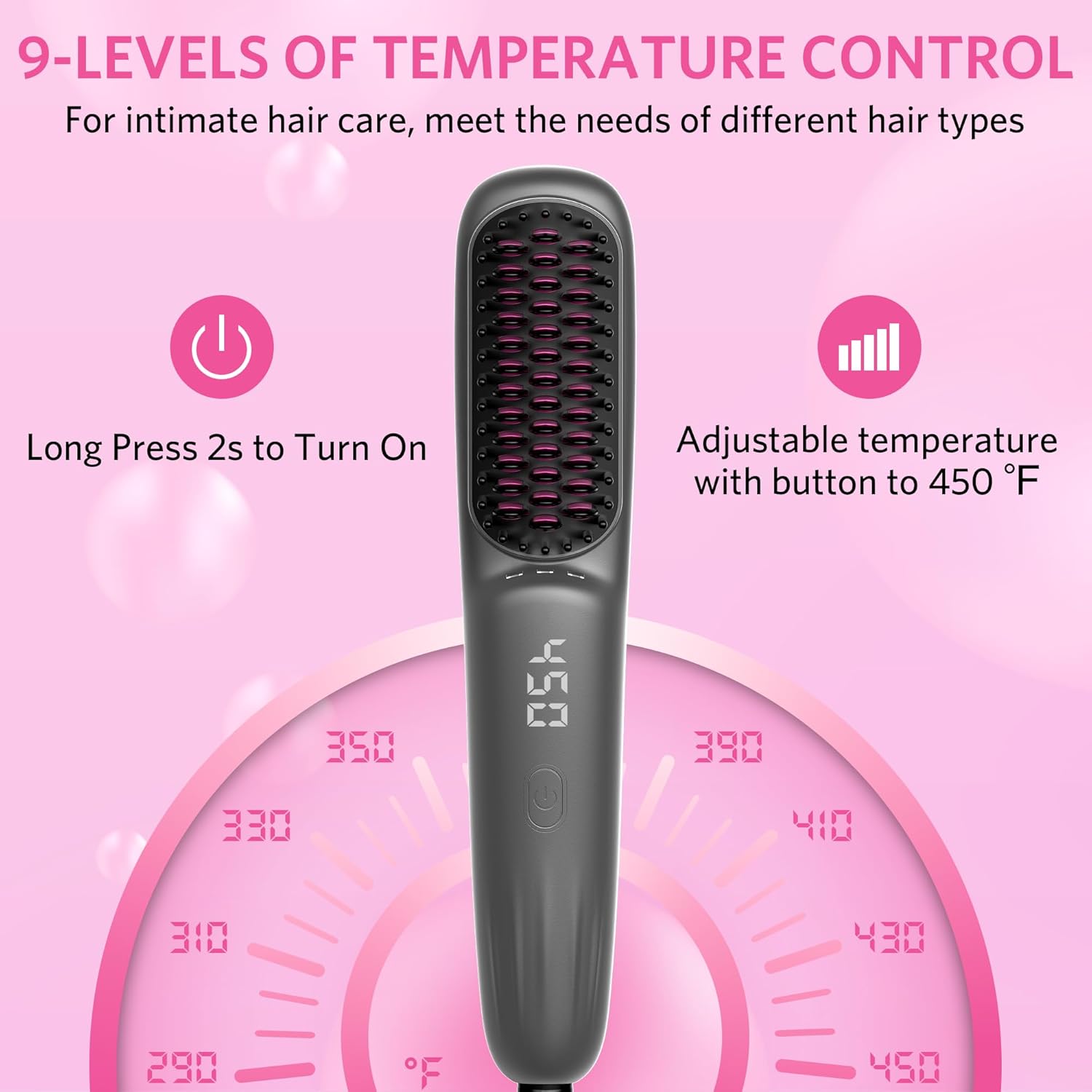 Hair Straightener Brush for Women, 2-in-1 Hot Comb & Straightening Brush with 9 Temperature Settings, Up to 450℉ for Frizz-Free, Smooth Hair – Perfect for Home, Office & Travel - Image 3