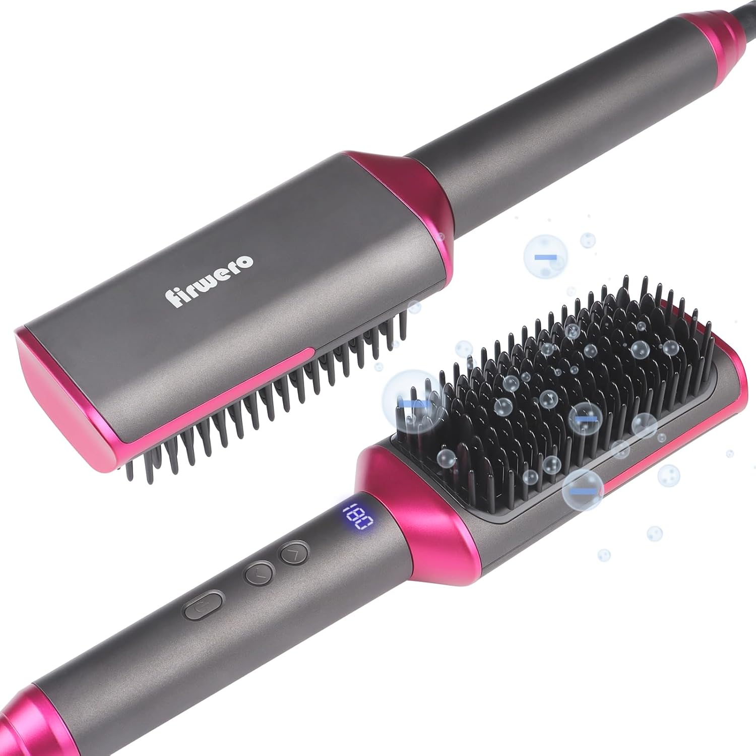 Hair Straightener Brush - Heated Brush-Straightener for Women, Plus 3X Dense Bristles Ceramic Straightening Comb for Thick Curly Hair, 16 Temps, Ionic 2 in 1 Flat Iron Brush Dual Voltage