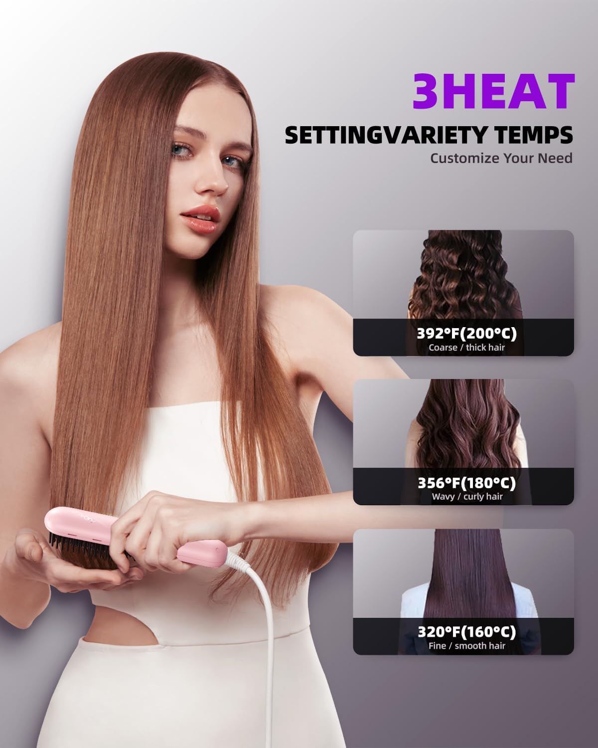 Hair Straightener Brush, Portable Ionic Hair Straighteners for Women, Straightening Brush with 3 Temp Settings, 30 Min Auto Shut-Off, Dual Voltage, Hot Comb for Frizz-Free Styles - Image 5