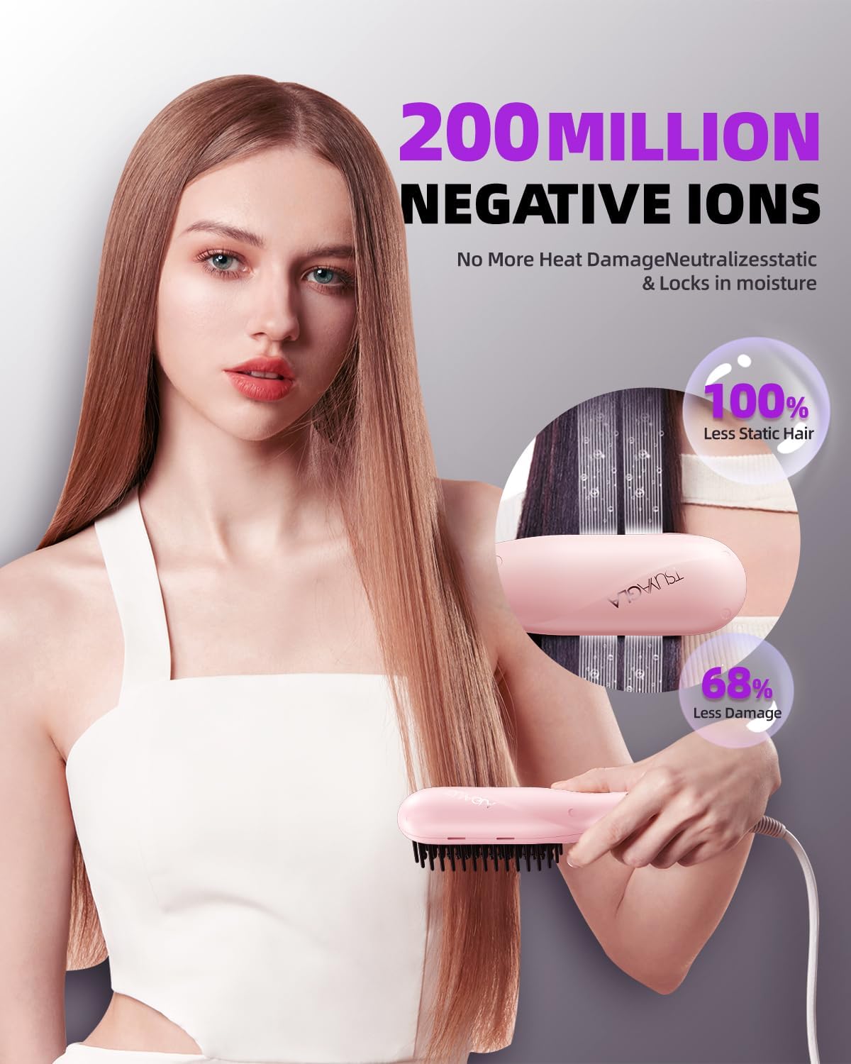Hair Straightener Brush, Portable Ionic Hair Straighteners for Women, Straightening Brush with 3 Temp Settings, 30 Min Auto Shut-Off, Dual Voltage, Hot Comb for Frizz-Free Styles - Image 2