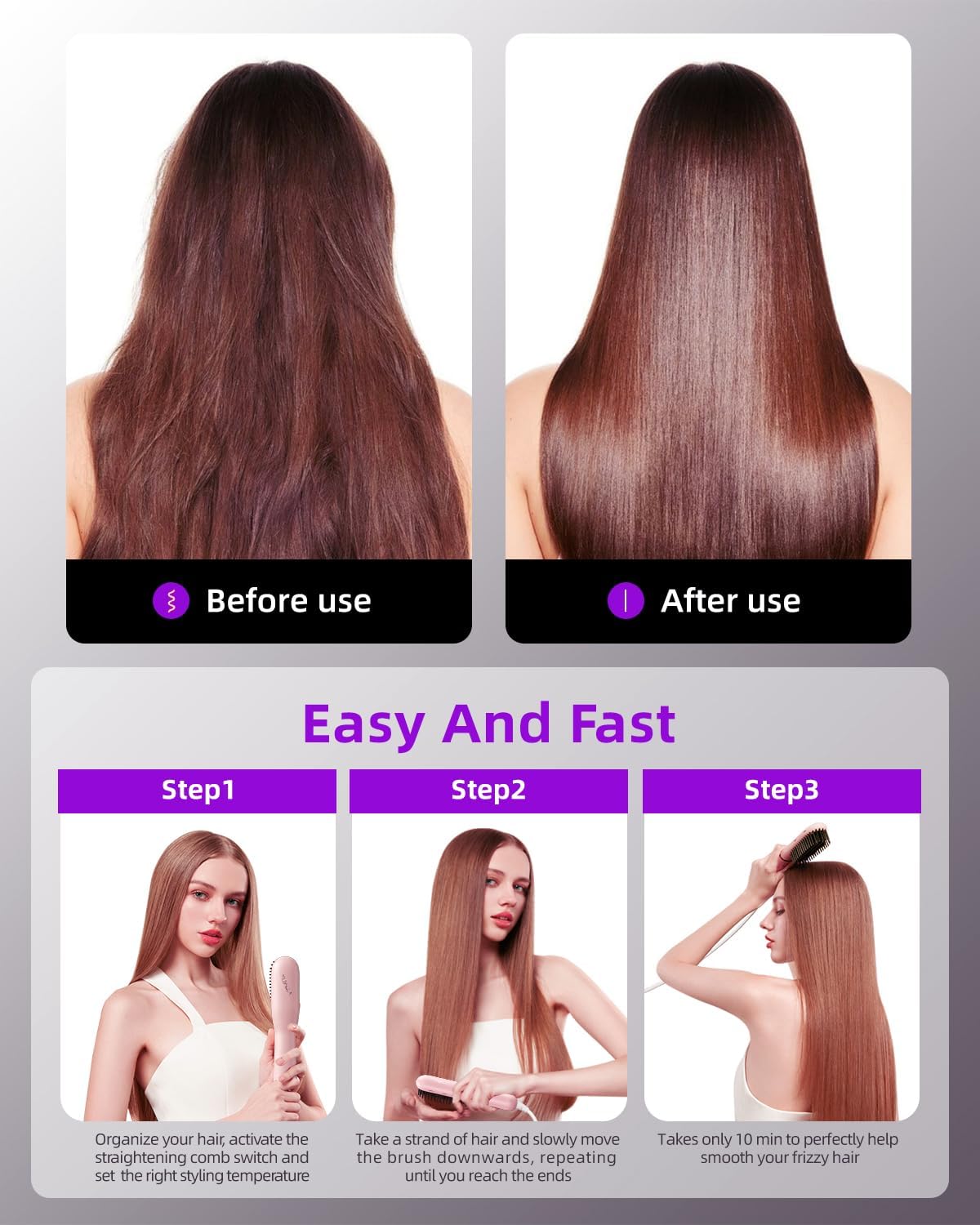 Hair Straightener Brush, Portable Ionic Hair Straighteners for Women, Straightening Brush with 3 Temp Settings, 30 Min Auto Shut-Off, Dual Voltage, Hot Comb for Frizz-Free Styles - Image 7