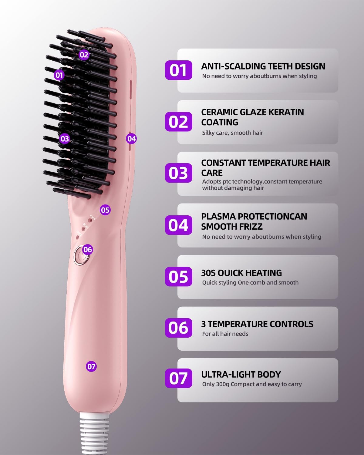 Hair Straightener Brush, Portable Ionic Hair Straighteners for Women, Straightening Brush with 3 Temp Settings, 30 Min Auto Shut-Off, Dual Voltage, Hot Comb for Frizz-Free Styles - Image 6