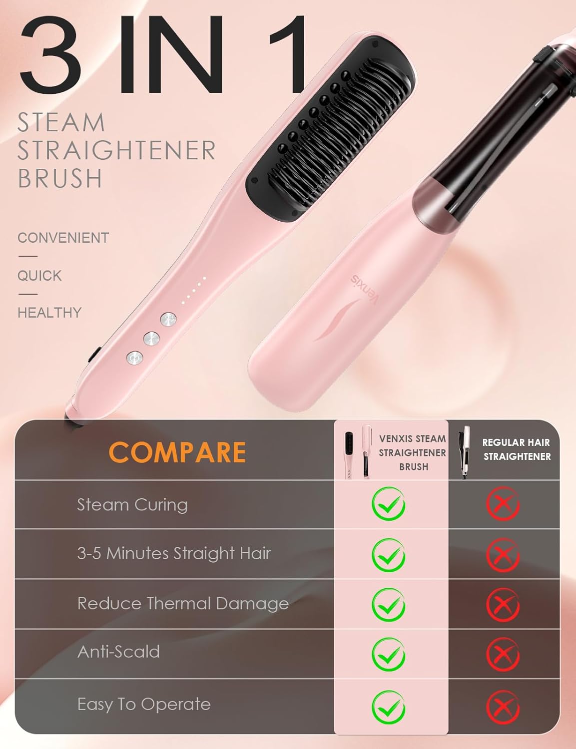 Hair Straightener Brush, Straightening Comb with Steam, 3 Temp Settings & 20s Fast Heating, 120 Voltage&30-Minute Auto Shut-Off, Steam Design for Hair Treatment, Frizz-Free Hair - Image 6
