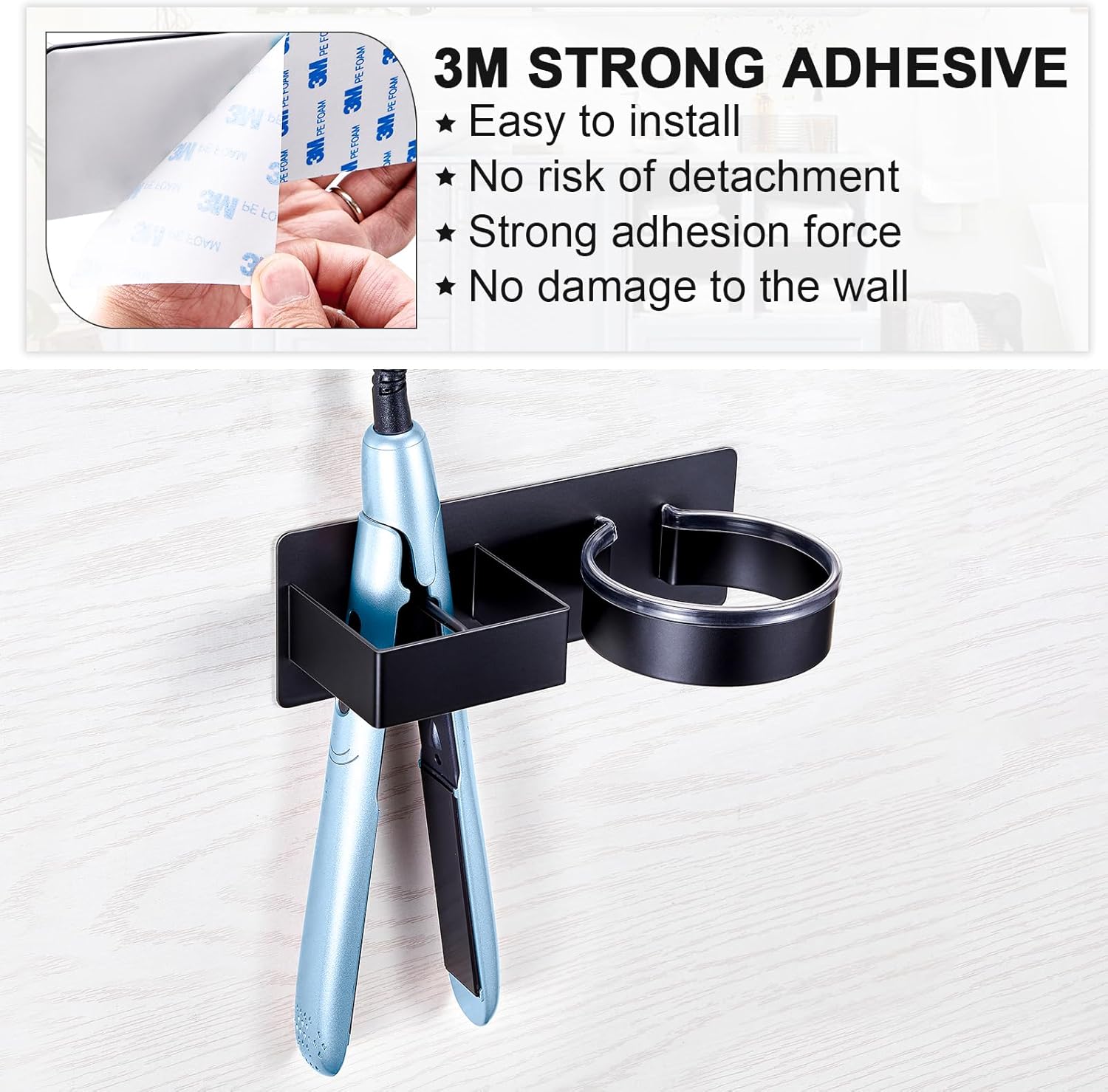 Hair Straightener Holder Wall Mounted Blow Dryer Holder, Stainless Steel Black Blow Dryer and Curling Iron Holder, Bathroom Hair Dryer Straightener Holder, Salon Hair Tools Organizer Storage - Image 6