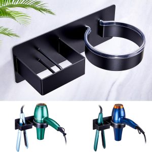 Hair Straightener Holder Wall Mounted Blow Dryer Holder, Stainless Steel Black Blow Dryer and Curling Iron Holder, Bathroom Hair Dryer Straightener Holder, Salon Hair Tools Organizer Storage