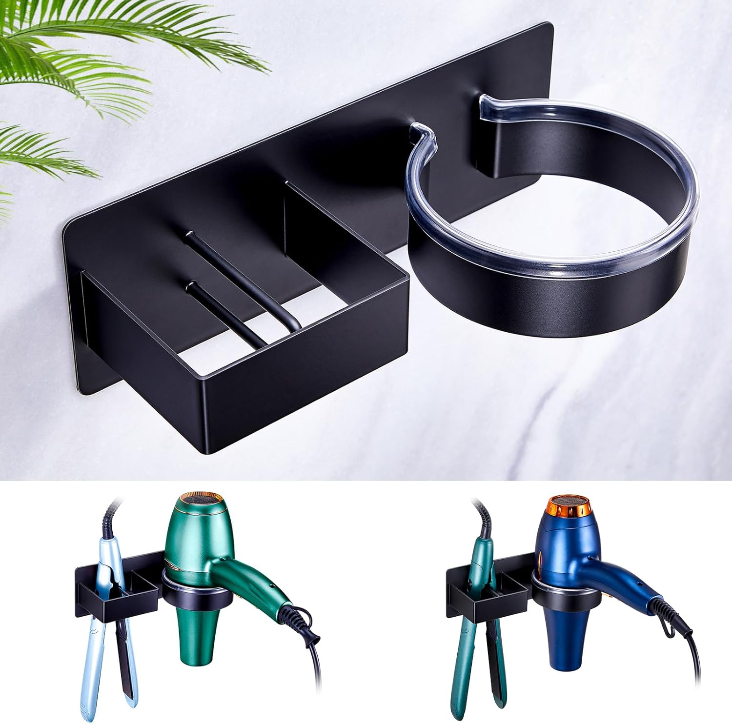 Hair Straightener Holder Wall Mounted Blow Dryer Holder, Stainless Steel Black Blow Dryer and Curling Iron Holder, Bathroom Hair Dryer Straightener Holder, Salon Hair Tools Organizer Storage