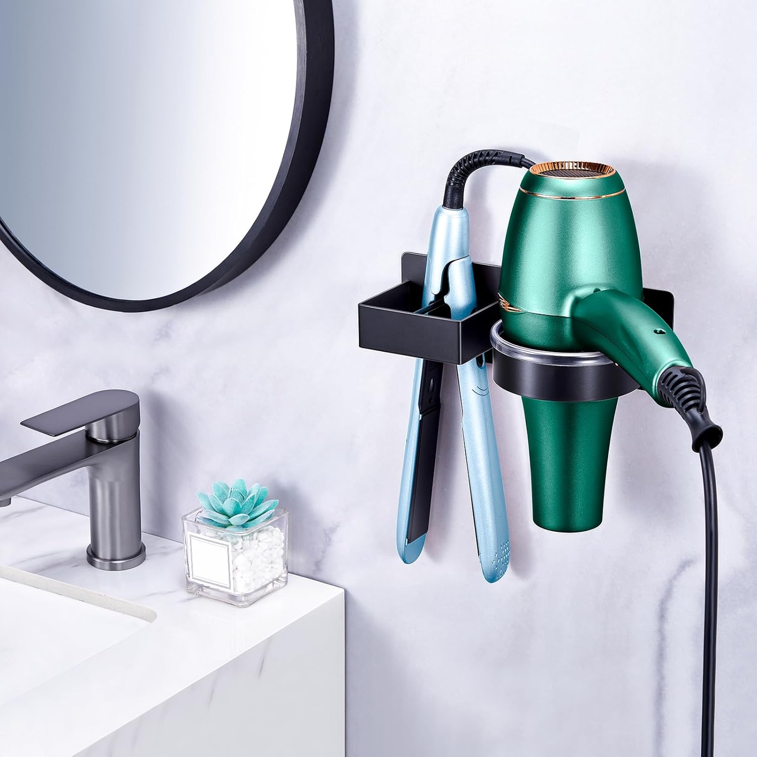 Hair Straightener Holder Wall Mounted Blow Dryer Holder, Stainless Steel Black Blow Dryer and Curling Iron Holder, Bathroom Hair Dryer Straightener Holder, Salon Hair Tools Organizer Storage - Image 3