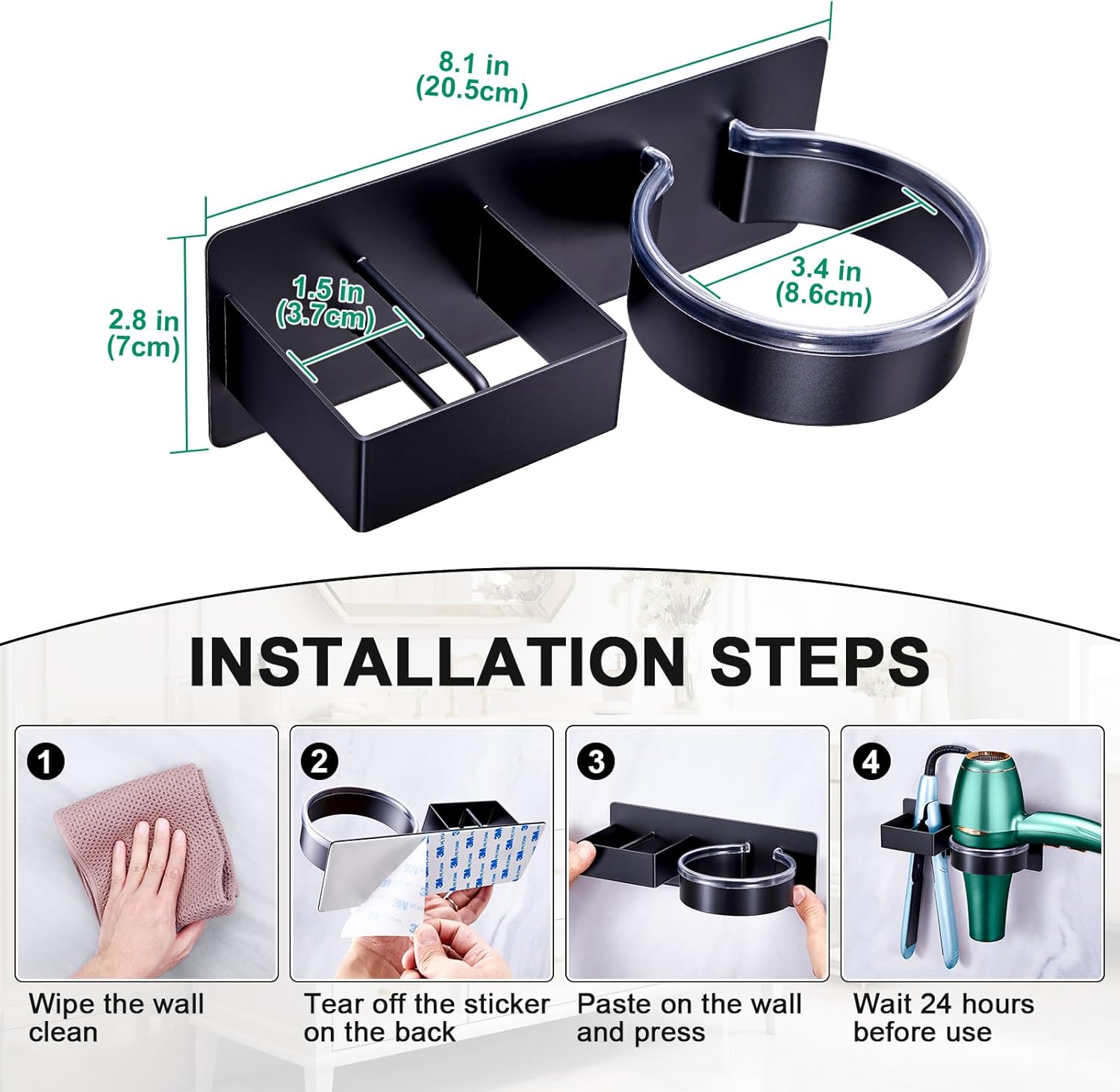 Hair Straightener Holder Wall Mounted Blow Dryer Holder, Stainless Steel Black Blow Dryer and Curling Iron Holder, Bathroom Hair Dryer Straightener Holder, Salon Hair Tools Organizer Storage - Image 9