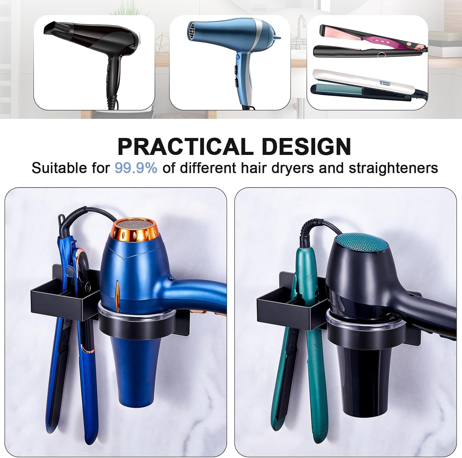 Hair Straightener Holder Wall Mounted Blow Dryer Holder, Stainless Steel Black Blow Dryer and Curling Iron Holder, Bathroom Hair Dryer Straightener Holder, Salon Hair Tools Organizer Storage - Image 5