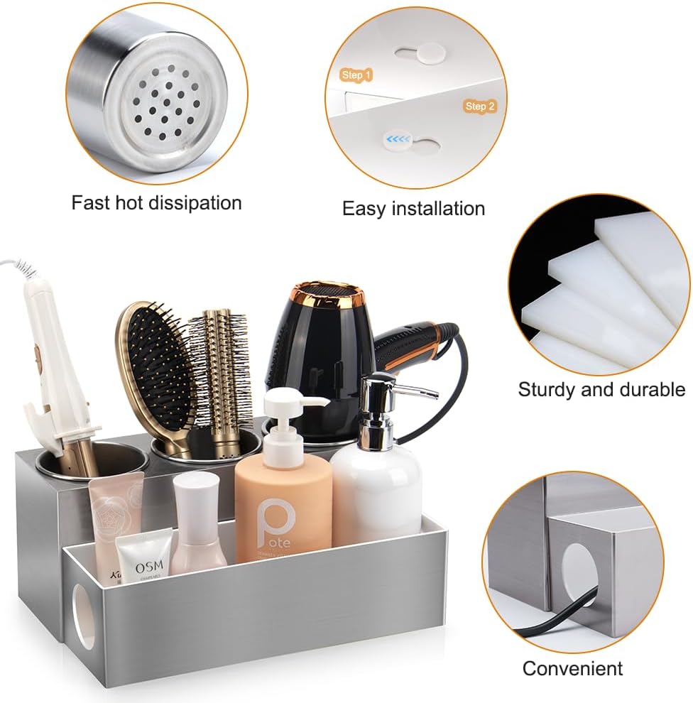 Hair Tool Organizer - Bathroom Vanity Organizers and Storage, Hair Styling Accessories Hot Tools Organizer Hair Dryer, Blow Dryer, Curling Iron, Flat Iron, Hair Straightener, Silver - Image 6