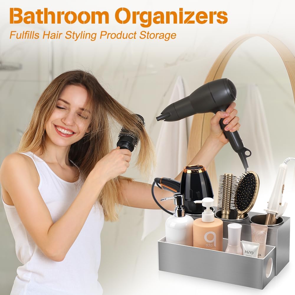Hair Tool Organizer - Bathroom Vanity Organizers and Storage, Hair Styling Accessories Hot Tools Organizer Hair Dryer, Blow Dryer, Curling Iron, Flat Iron, Hair Straightener, Silver - Image 2