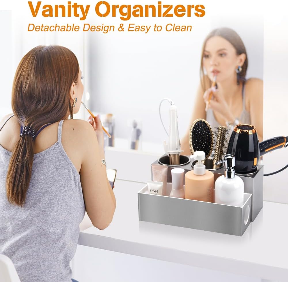 Hair Tool Organizer - Bathroom Vanity Organizers and Storage, Hair Styling Accessories Hot Tools Organizer Hair Dryer, Blow Dryer, Curling Iron, Flat Iron, Hair Straightener, Silver - Image 3