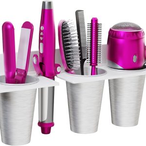 Hair Tool Organizer Wall Mount with 3 Stainless Steel Cup, 4mm Thickened Acrylic Hair Dryer Holder, Bathroom Accessories Storage for Blow Dryer, Curling Wand, Flat Iron, Hair Straighteners