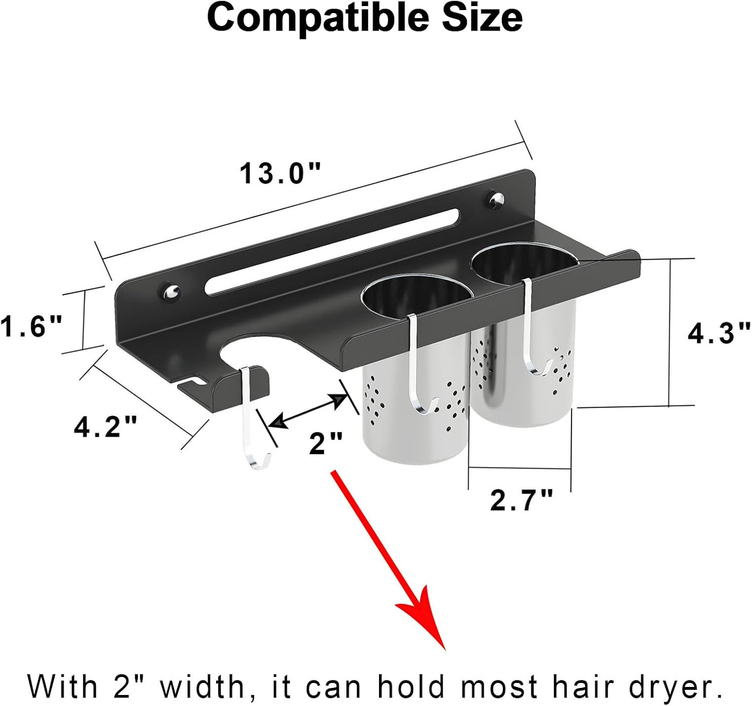 Hair Tool Organizer Wall Mount,Self Adhesive Hair Dryer Holder for Bedroom & Bathroom,Blow Dryer Holder for Dyson Hair Dryer,Stainless Steel Cups for Medium or Small Bathroom Storage 4" Width - Image 5
