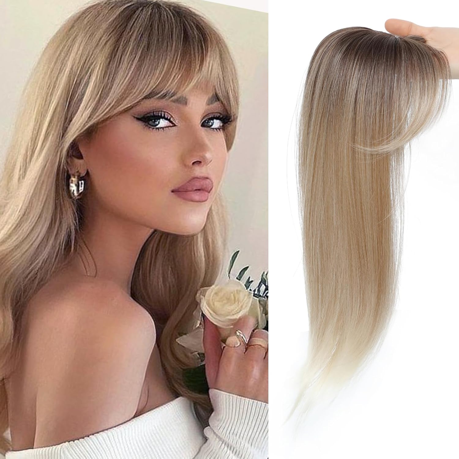 Hair Topper with Bangs, 360° 3D Cover Toppers for Women, Hair Pieces for Women with Thinning Hair，Clip in Bangs with Topper (Ombre Light Brown to Blonde)