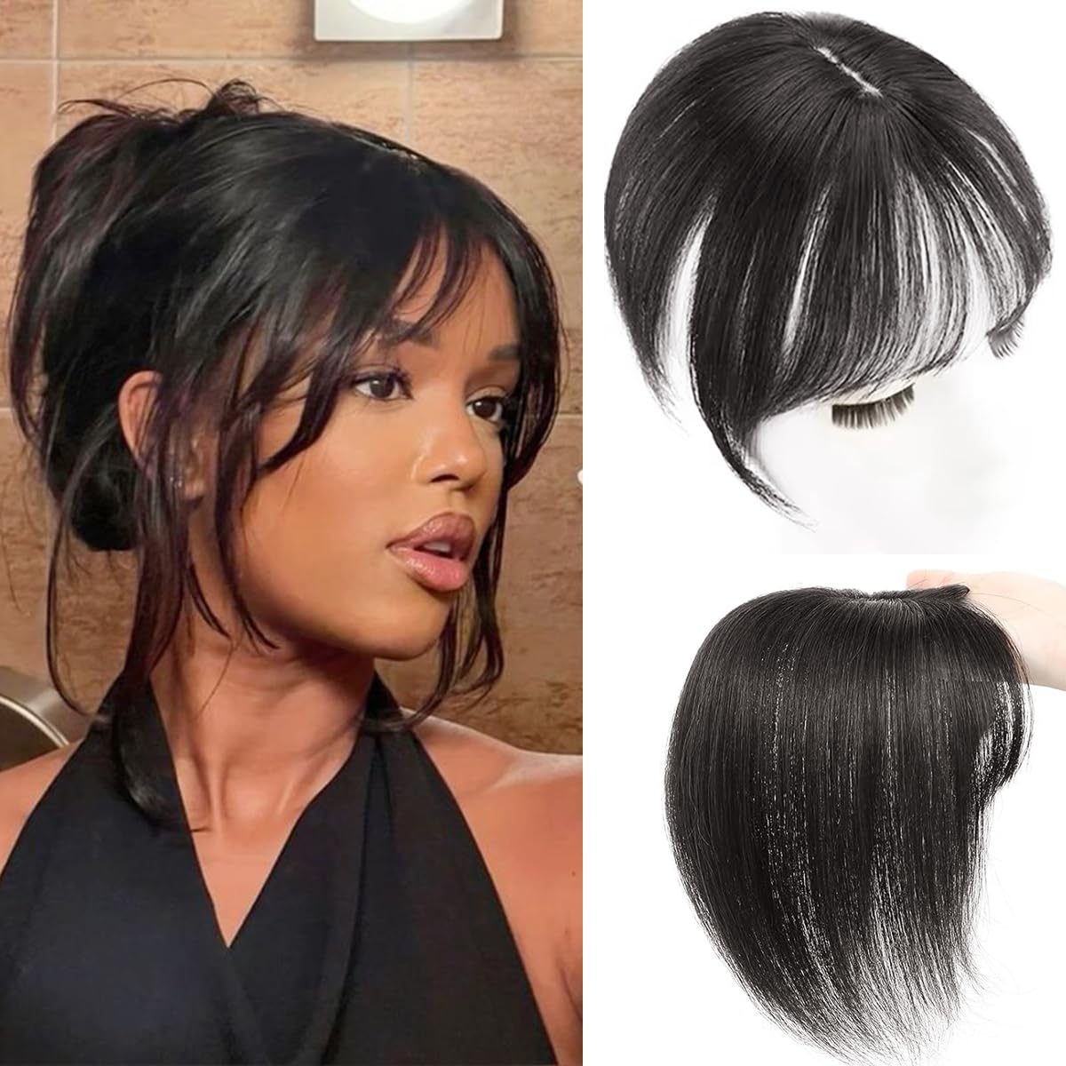 Hair Toppers For Women Real Human Hair 360° 3D Cover Human Hair Topper with Bangs Wispy Bangs Extensions Clip in Bangs for Daily Wear Natural Black