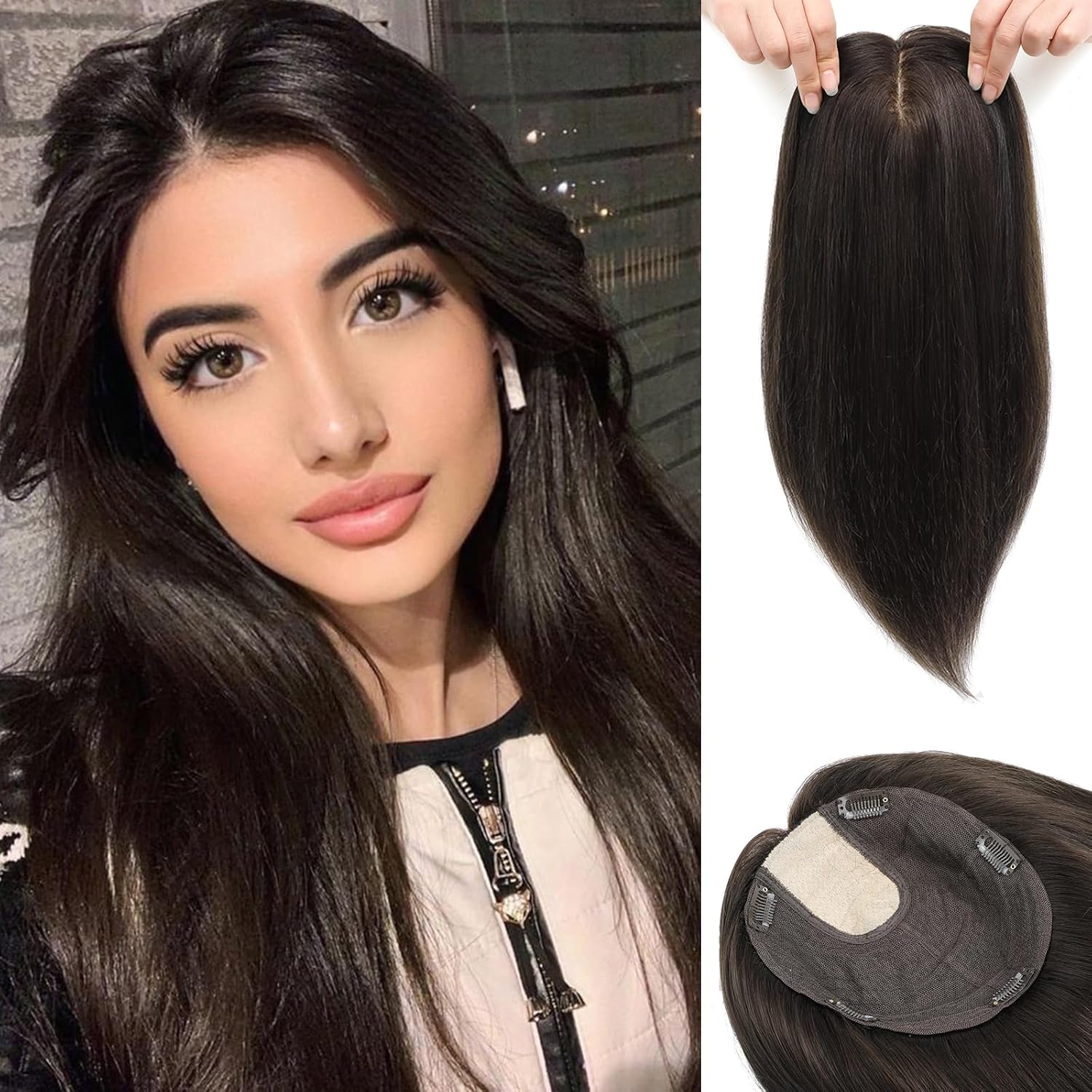 Hair Toppers for Women Real Human Hair Hair Pieces for Women HumanHair Toppers No Bangs 7.5x8 inch Skin Scalp Clip in Topper Wiglets Hairpieces for ThinningHair 15 inch Dark Brown
