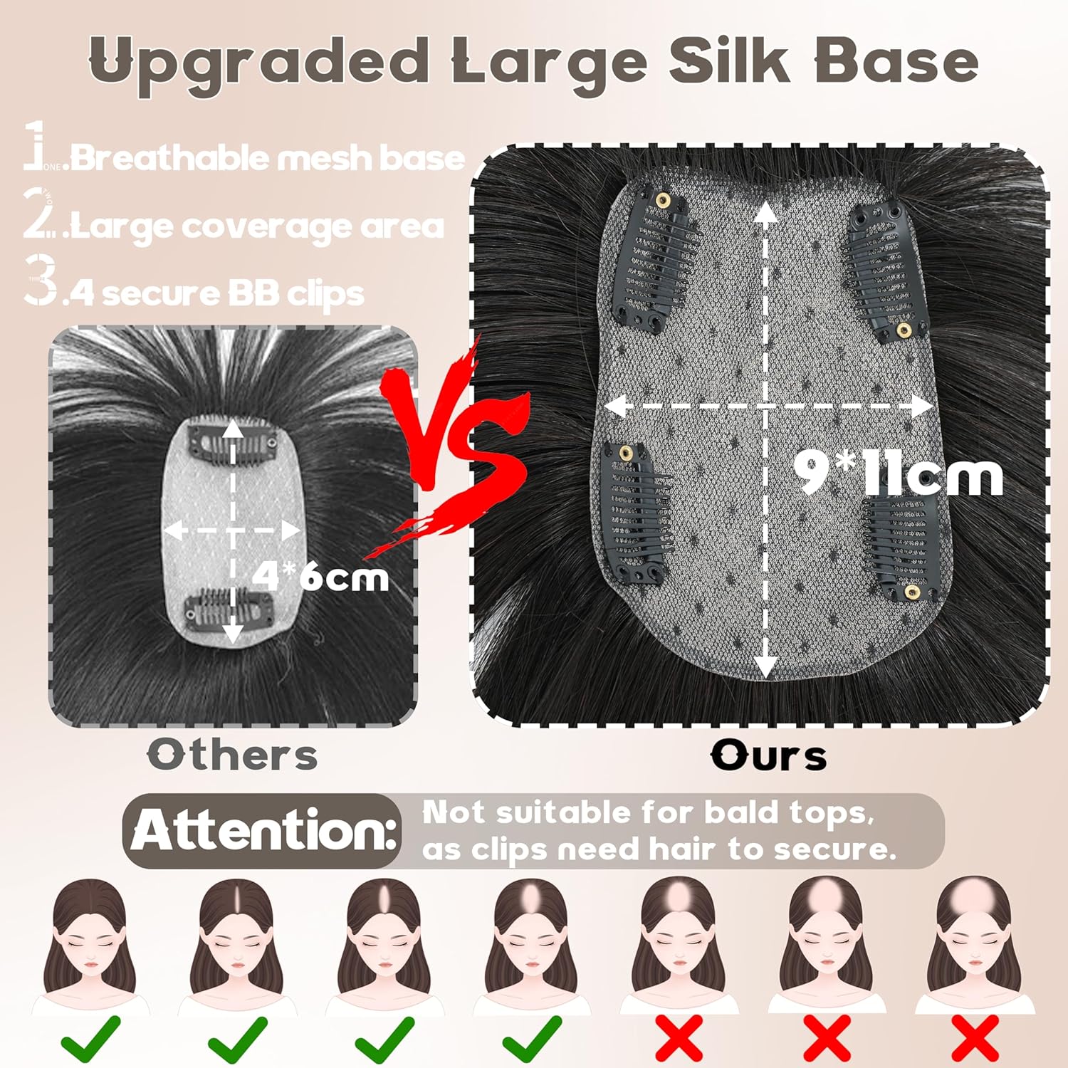 Hair Toppers for Women Real Human Hair-U Shape Toppers Hair Pieces for Women with Thinning Hairr 150% Density Silk Base Clip in Human Topper with Bangs for Daily Use(Brown Black - Image 2