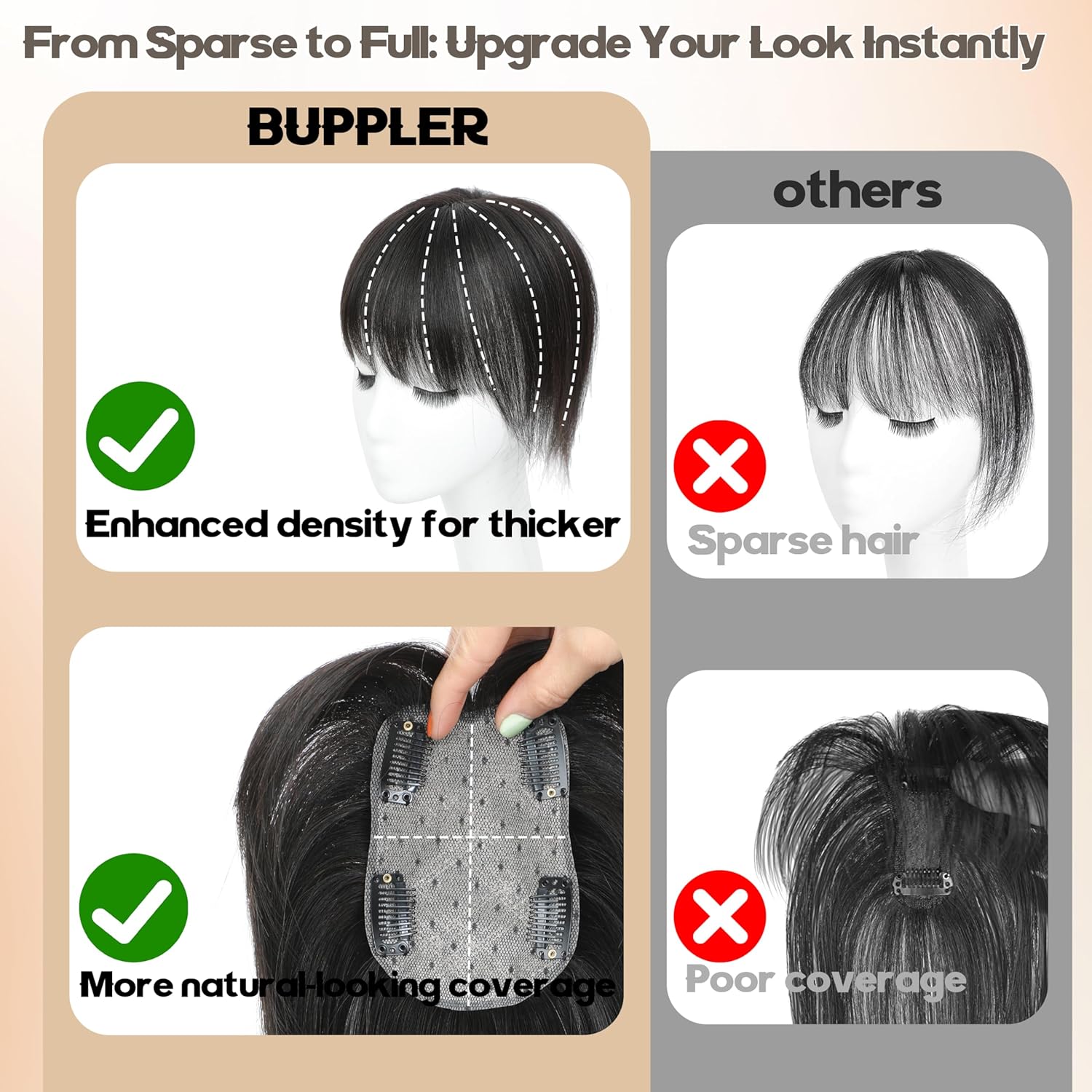 Hair Toppers for Women Real Human Hair-U Shape Toppers Hair Pieces for Women with Thinning Hairr 150% Density Silk Base Clip in Human Topper with Bangs for Daily Use(Brown Black - Image 4