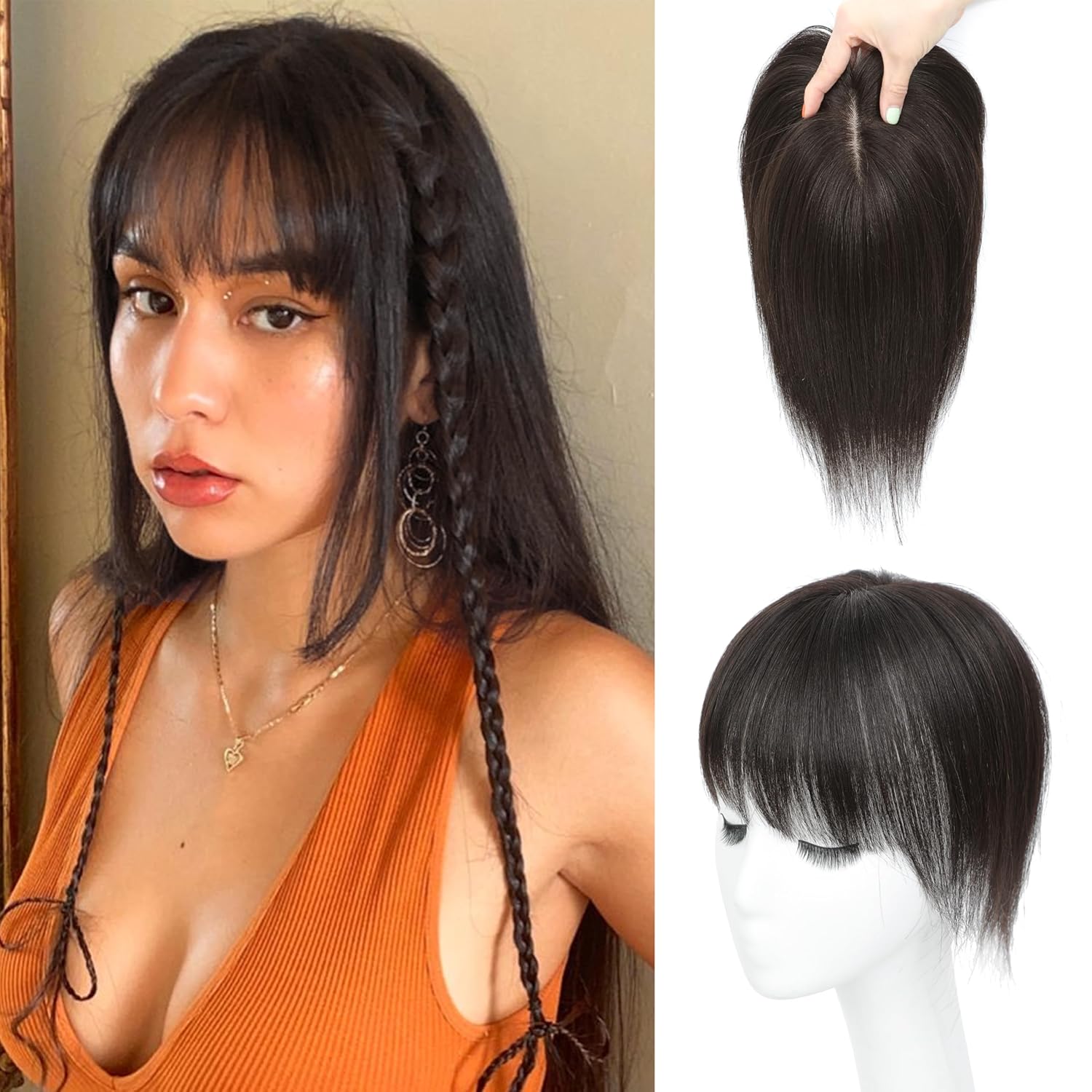 Hair Toppers for Women Real Human Hair-U Shape Toppers Hair Pieces for Women with Thinning Hairr 150% Density Silk Base Clip in Human Topper with Bangs for Daily Use(Brown Black