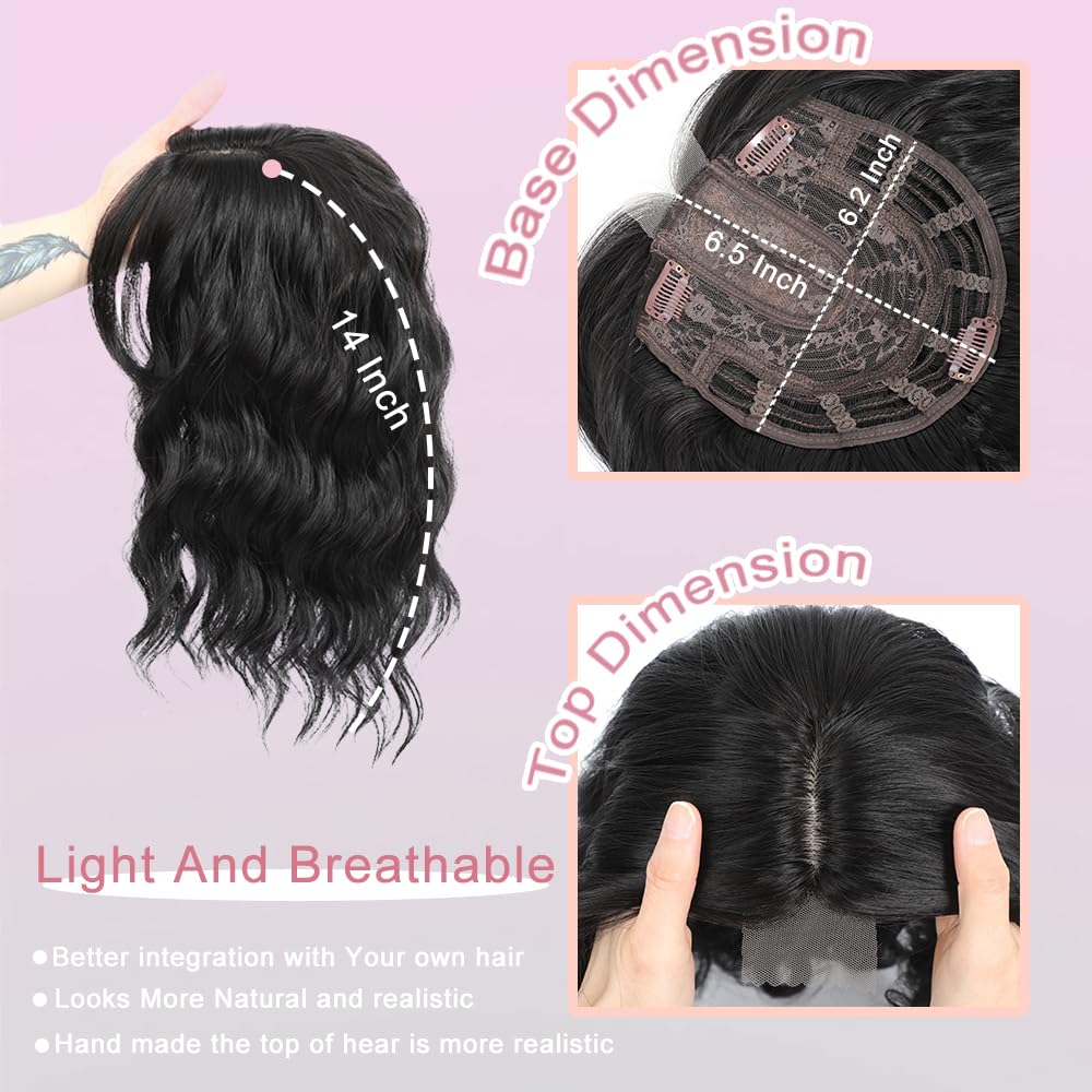 Hair Toppers for Women with Thinning Hair, 3D Toppers Pieces for Women Middle Part Clip in Bangs Synthetic Curly Wavy Daily (Black, Side bangs) - Image 2