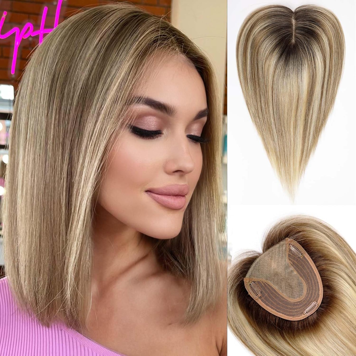 HAIRCUBE Hair Toppers for Women Real Human Hair No Bangs 5 * 5.5 inch Base 14 inch ombre Brown with Blonde Highlight Human HairTopper for Women with ThinningHair Cover Gray Roots