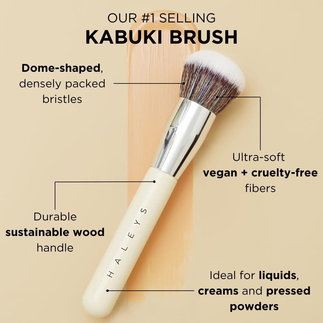HALEYS Kabuki Makeup Brush VEGAN+CRUELTY-FREE, Sustainable Wood, Vegan Bristles for Airbrushed Finish, For Creams, Liquids, Powder, Streak-free, Perfect Blending, Buffs, Blurs, Smooths with Control - Image 2